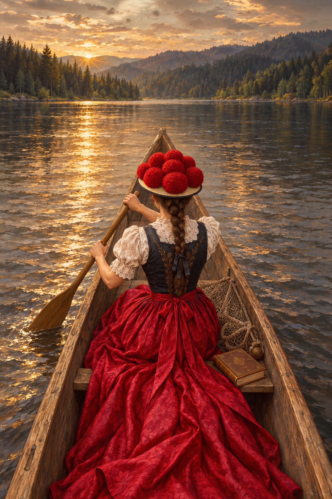 Bollenhut-Frau am Abendsee als originaler Fine Art Print