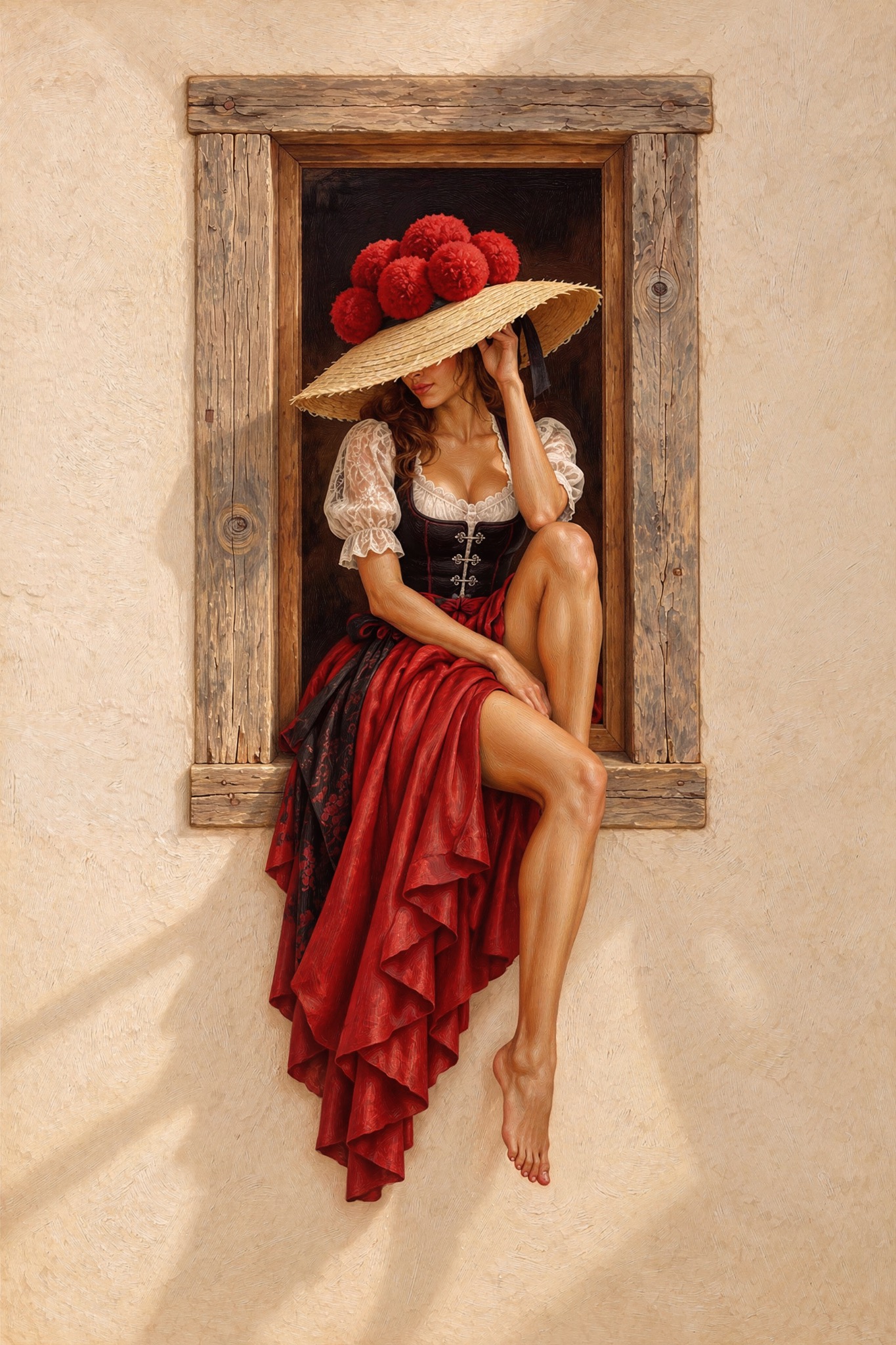 Bollenhut-Frau im Sommerfenster als originaler Fine Art Print