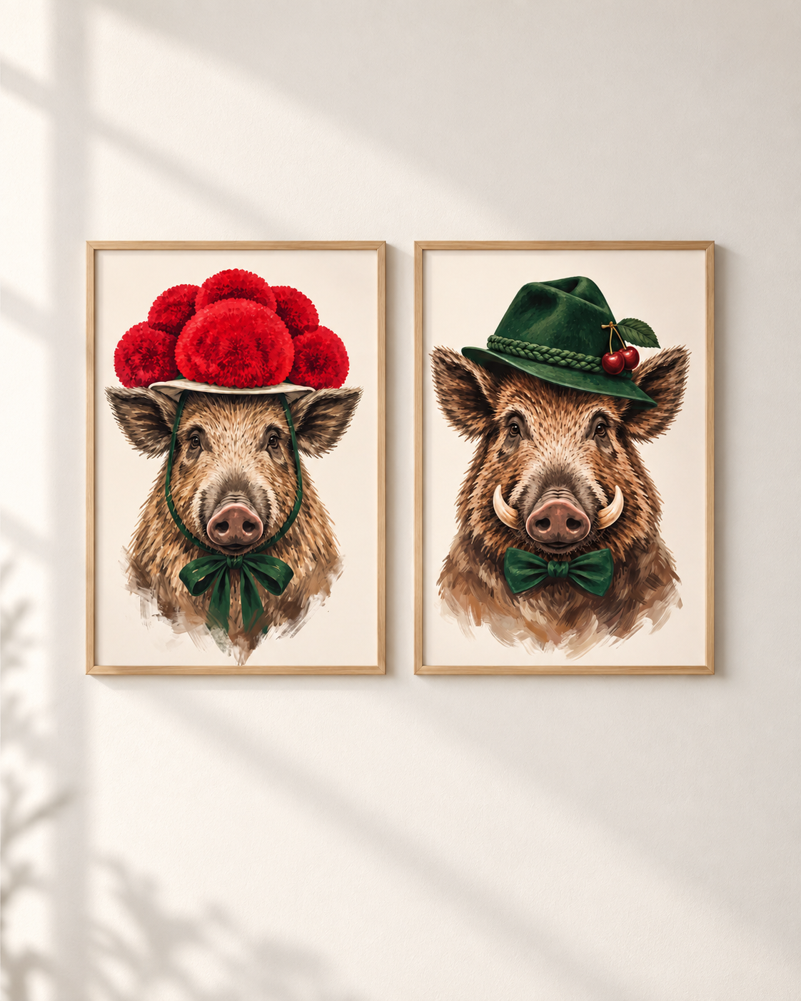 Wildschwein Poster-Paar mit Bollenhut und Trachtenhut im hellen Holzrahmen – Die feine Wildnis Schwarzwald Fine Art Prints