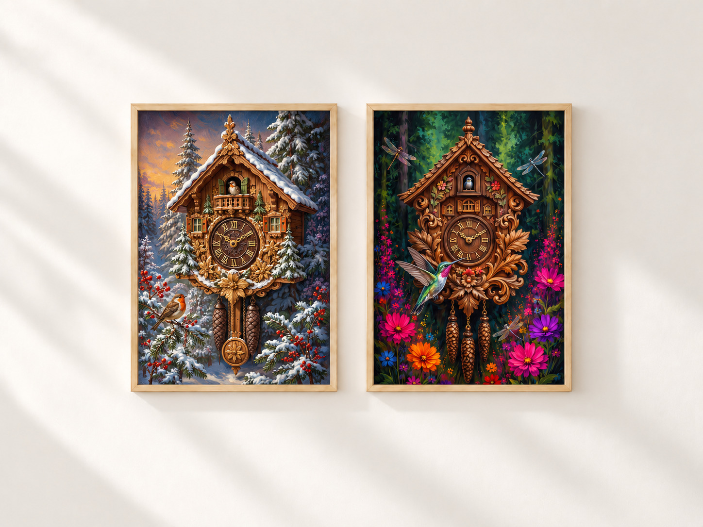 Schwarzwald Kuckucksuhren Fine Art Poster-Paar in hellen Holzrahmen – Kuckucksuhr Welten
