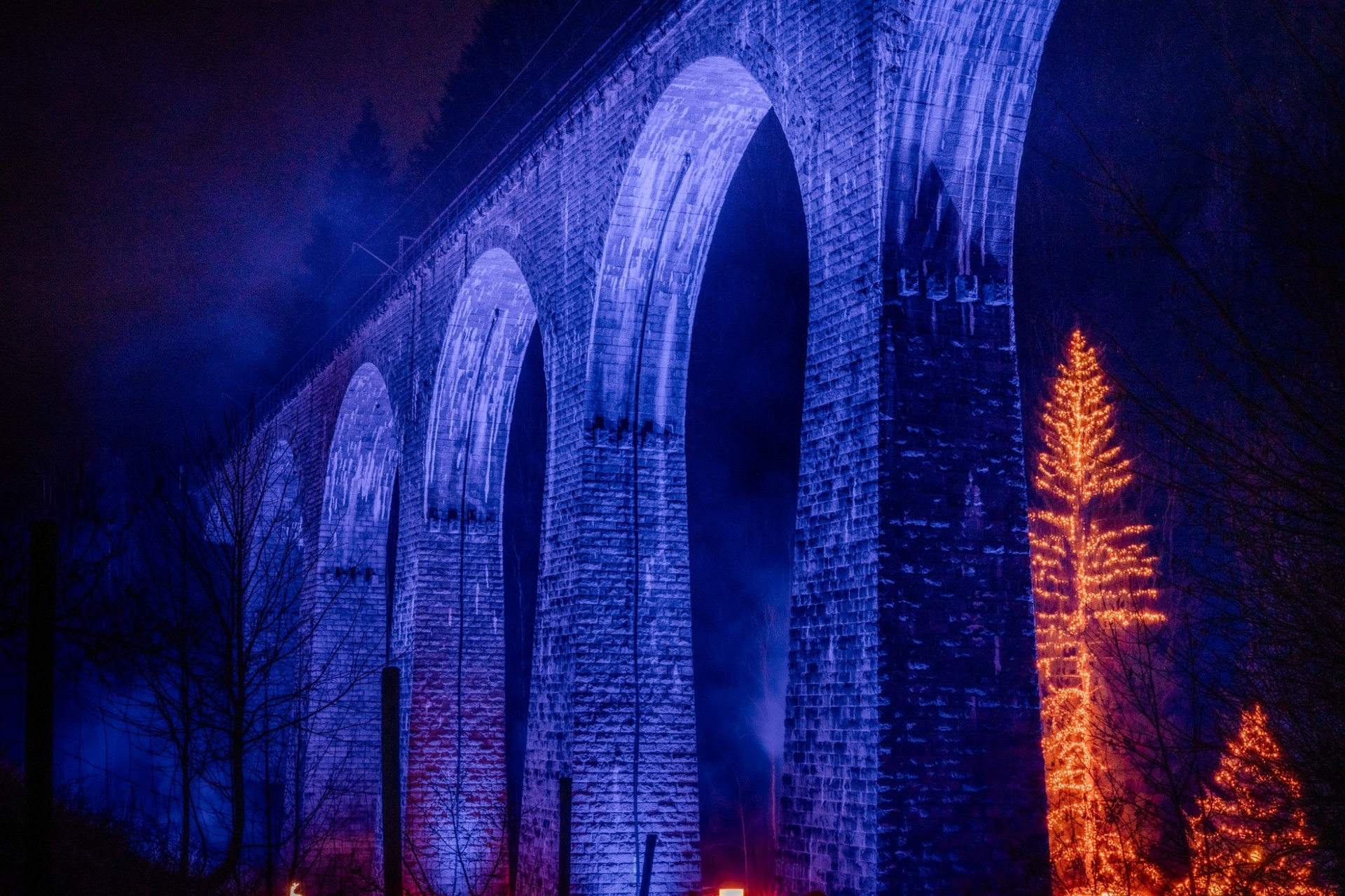Blau beleuchtetes Ravennaviadukt und Weihnachtsbaum in der Ravennaschlucht