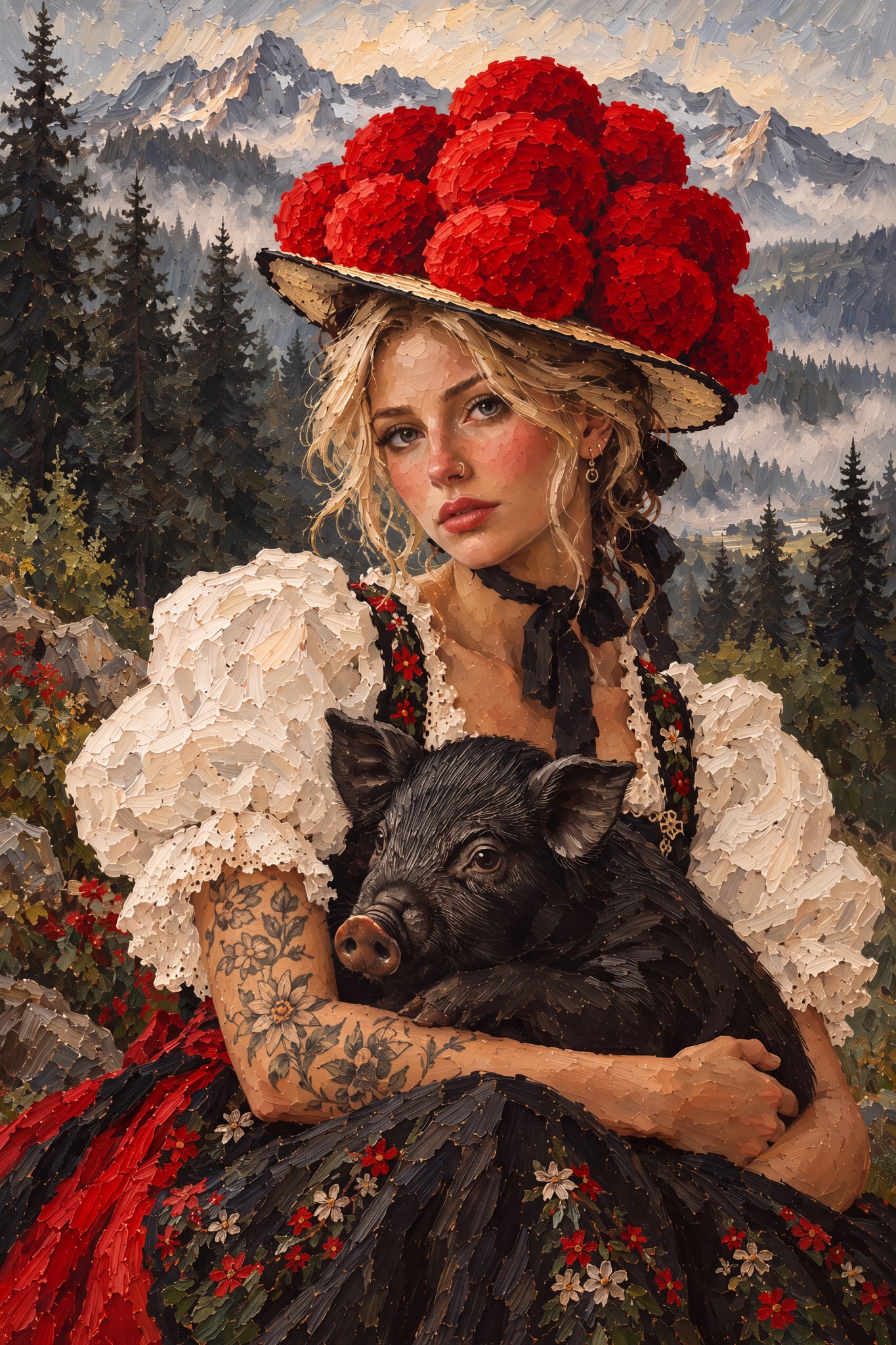 Bollenhut-Frau mit Wildschwein als originaler Fine Art Print