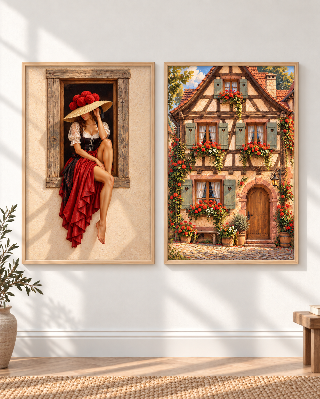 Fenster & Fachwerkhaus – Poster-Paar mit beiden Motiven im hellen Holzrahmen an einer weißen Wand