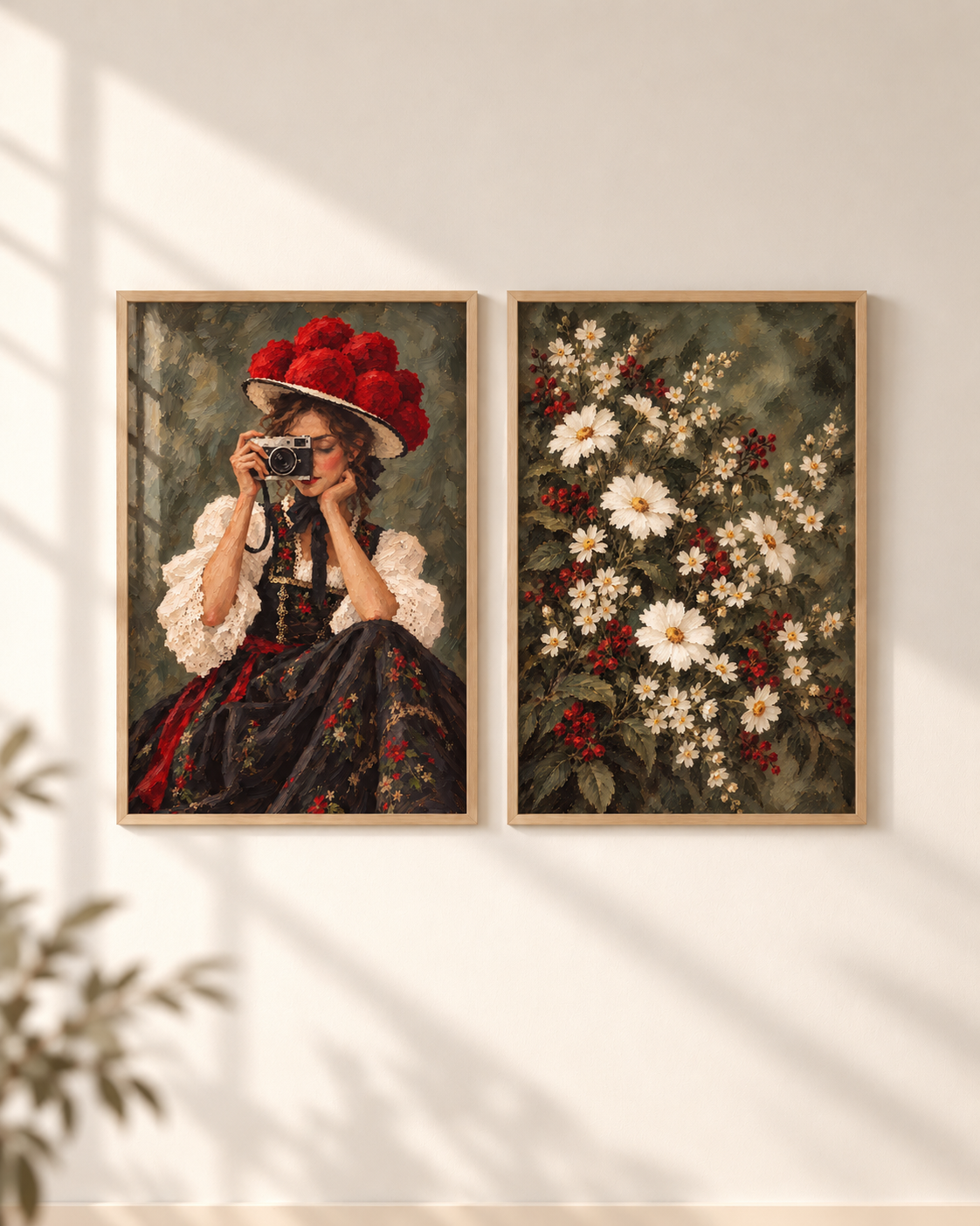 Bollenhut-Fotografin & Margeriten – Poster-Paar mit beiden Motiven im hellen Holzrahmen an einer weißen Wand