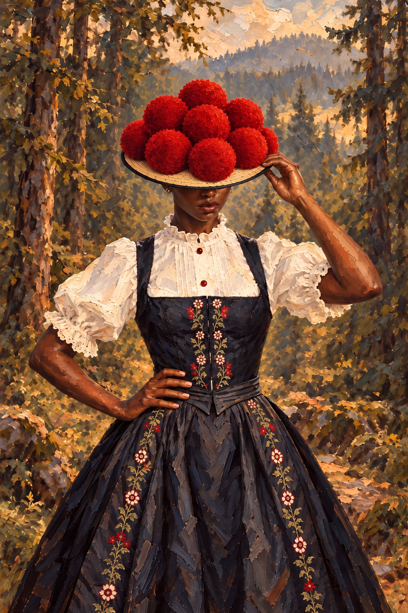 Bollenhut-Frau im Birkenwald als originaler Fine Art Print
