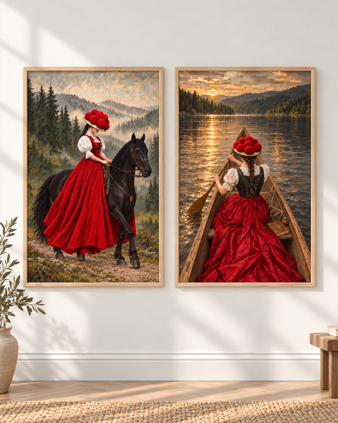 Reiterin & Abendsee – Poster-Paar mit beiden Motiven im hellen Holzrahmen an einer weißen Wand