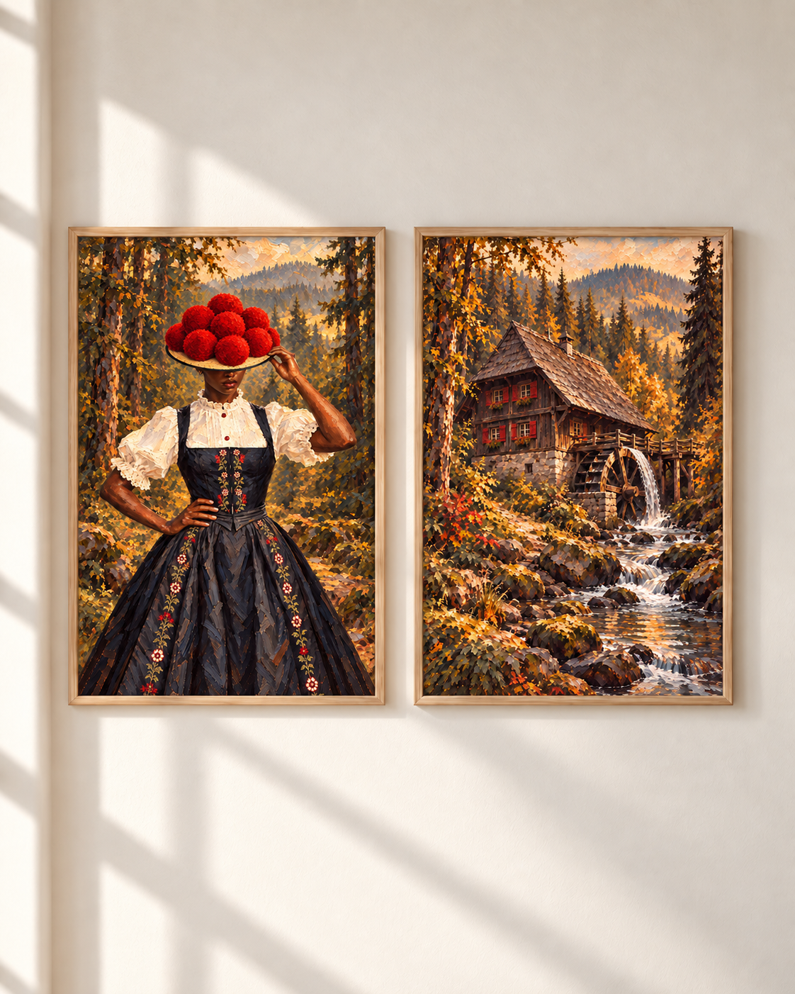 Wald & Wassermühle – Poster-Paar mit beiden Motiven im hellen Holzrahmen an einer weißen Wand