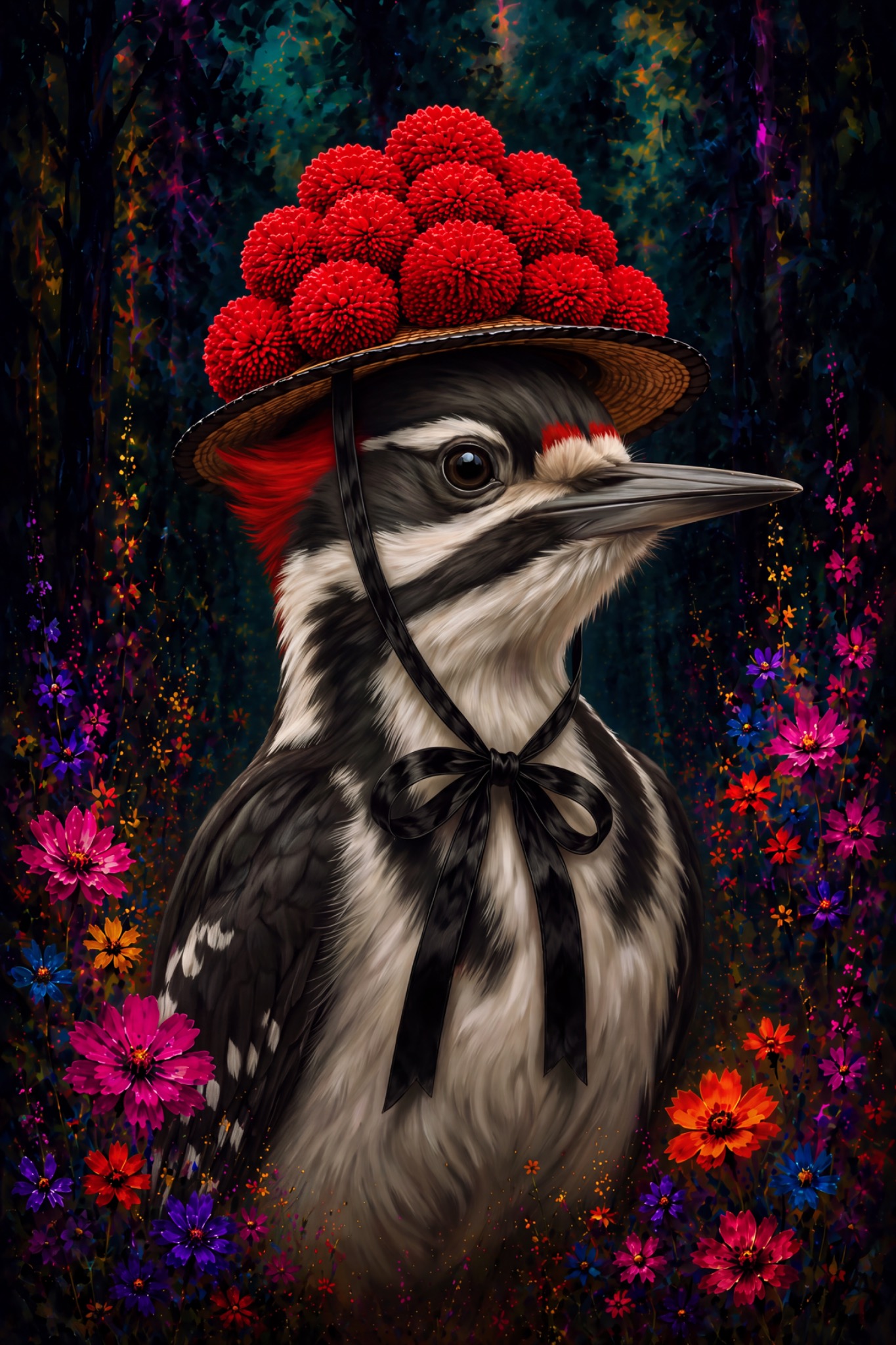 Buntspecht-Dame mit Bollenhut als originaler Fine Art Print