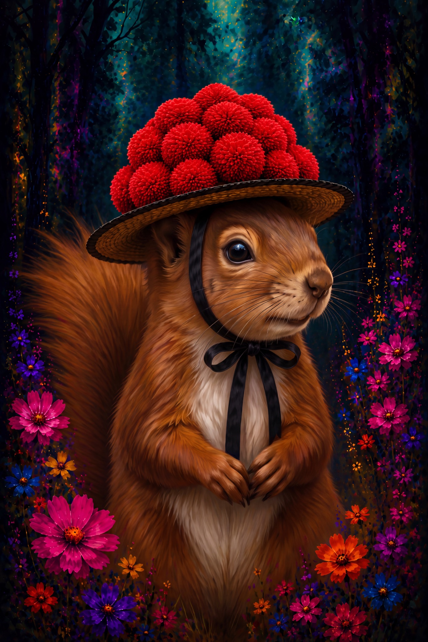 Eichhörnchen-Dame mit Bollenhut als originaler Fine Art Print