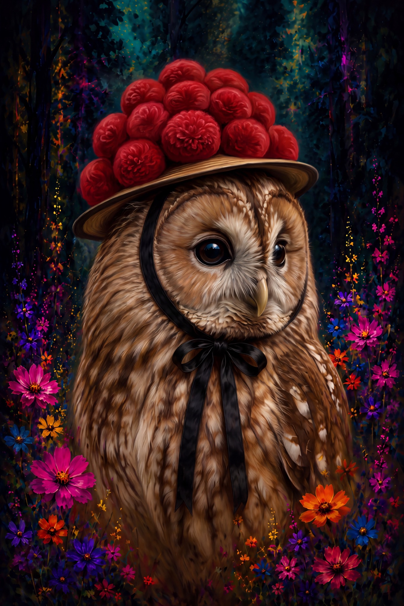 Eulen-Dame mit Bollenhut als originaler Fine Art Print