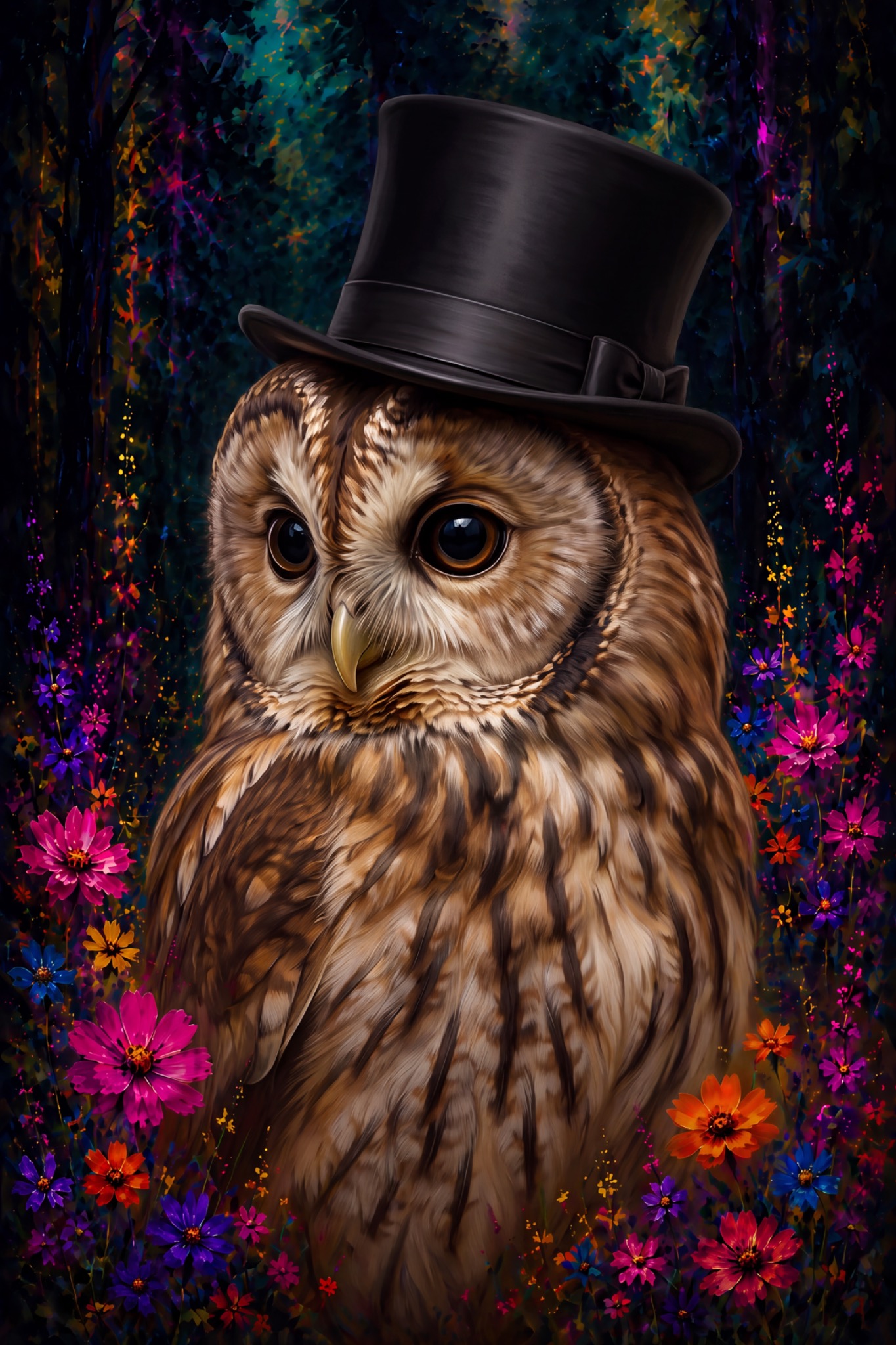 Eulen-Herr mit Zylinder als originaler Fine Art Print