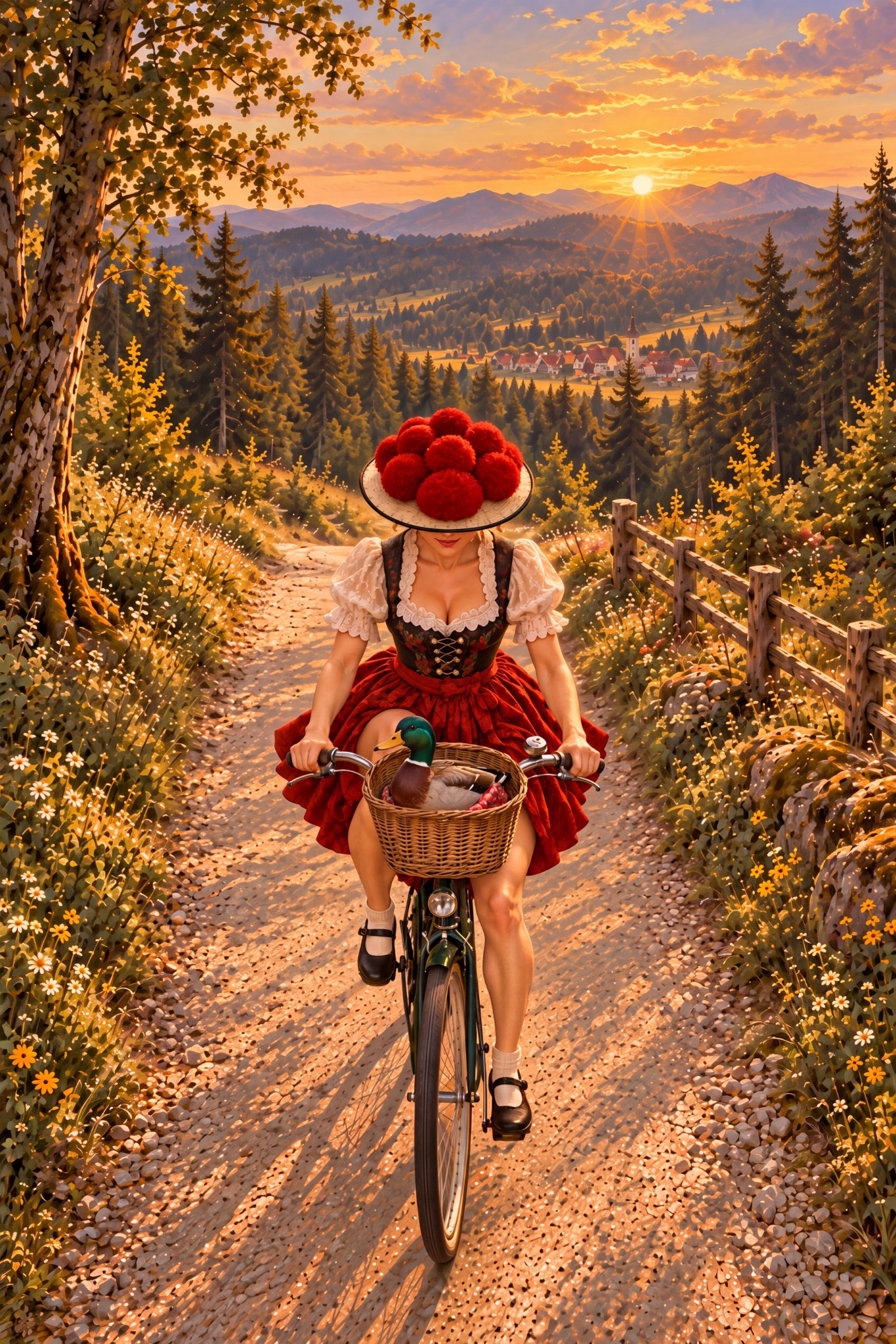 Bollenhut-Frau auf dem Fahrrad mit Ente als originaler Fine Art Print