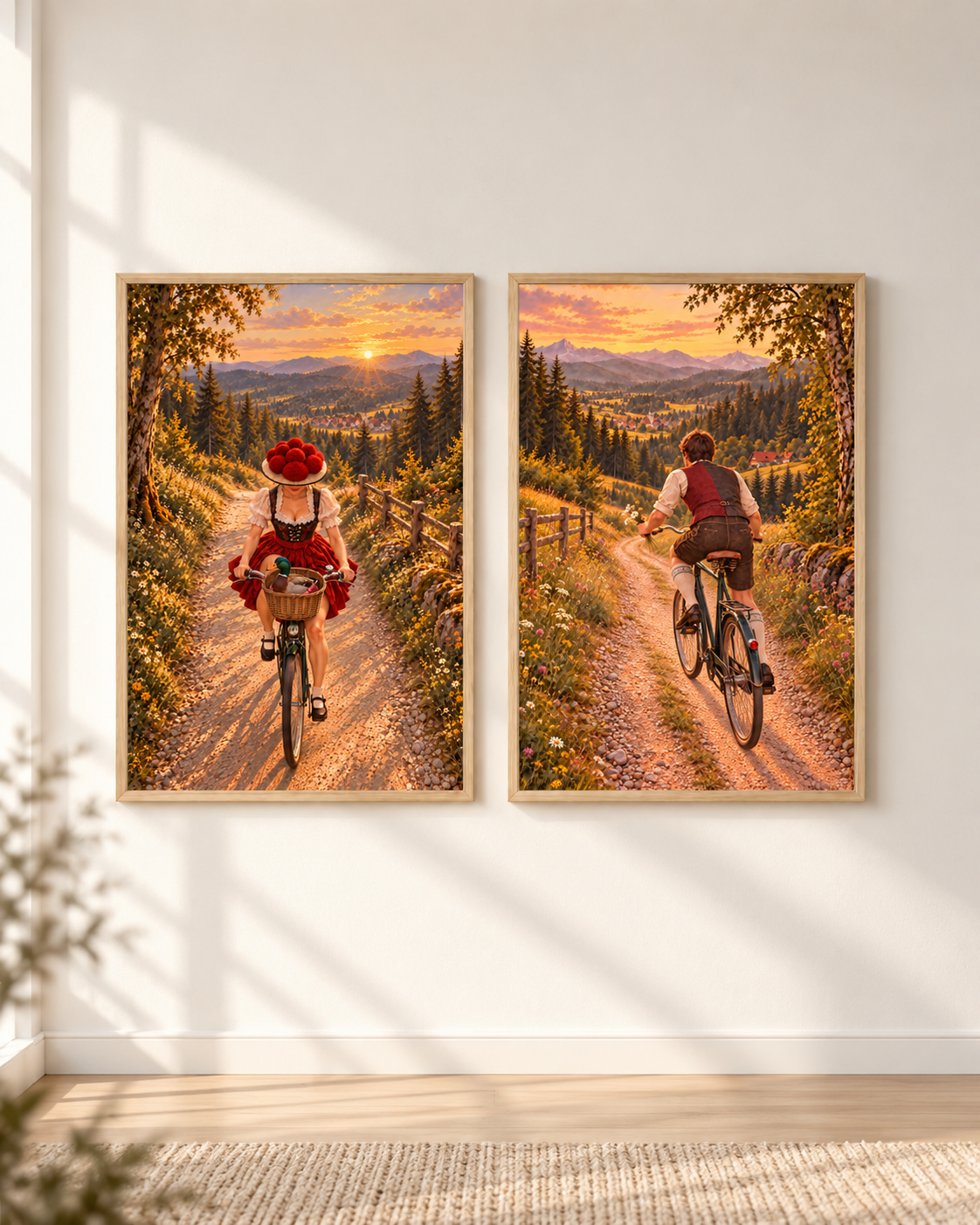 Fahrrad im Schwarzwald – Poster-Paar mit beiden Motiven im hellen Holzrahmen an einer weißen Wand