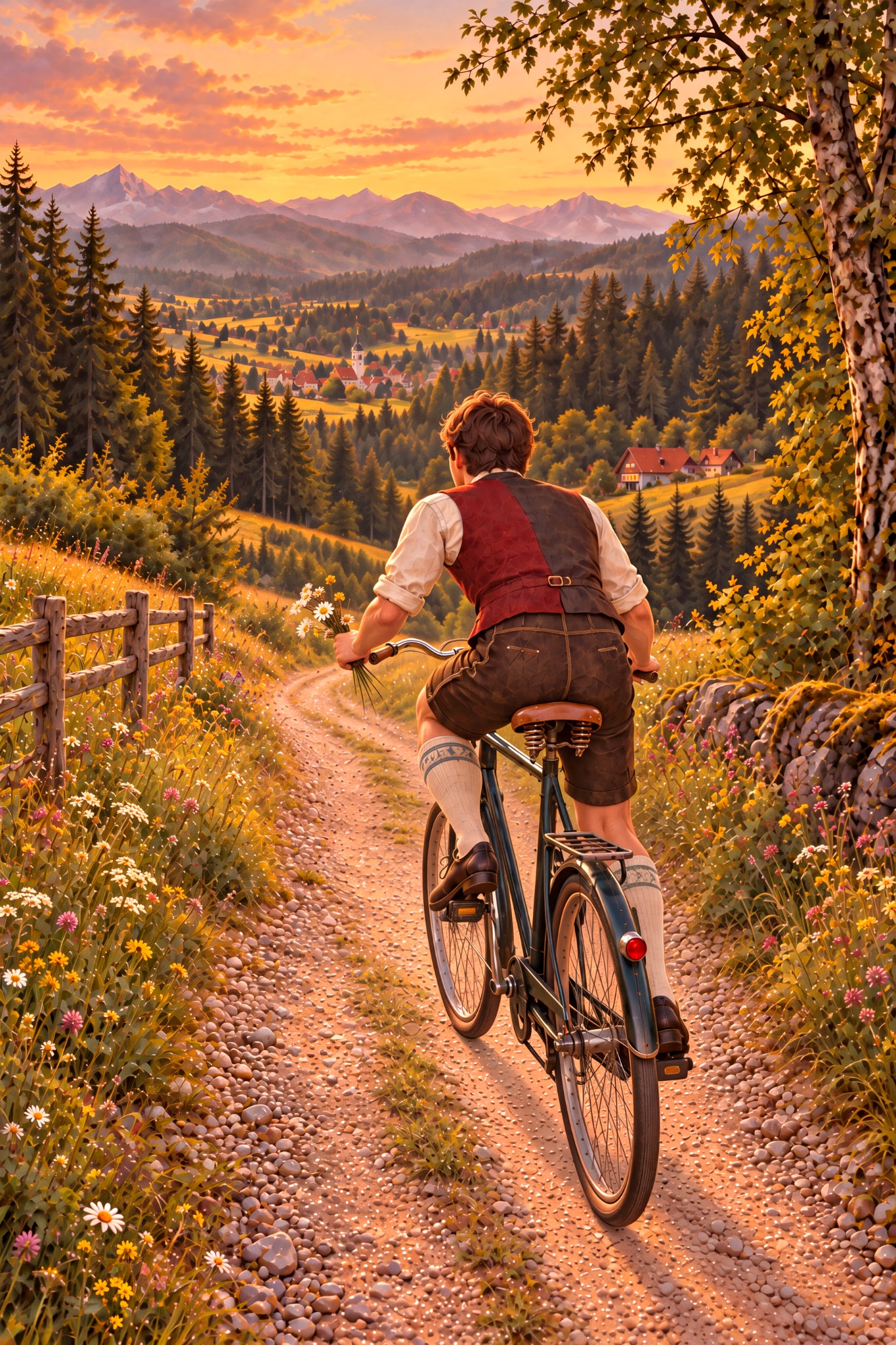Trachtenmann auf dem Fahrrad im Schwarzwald als originaler Fine Art Print