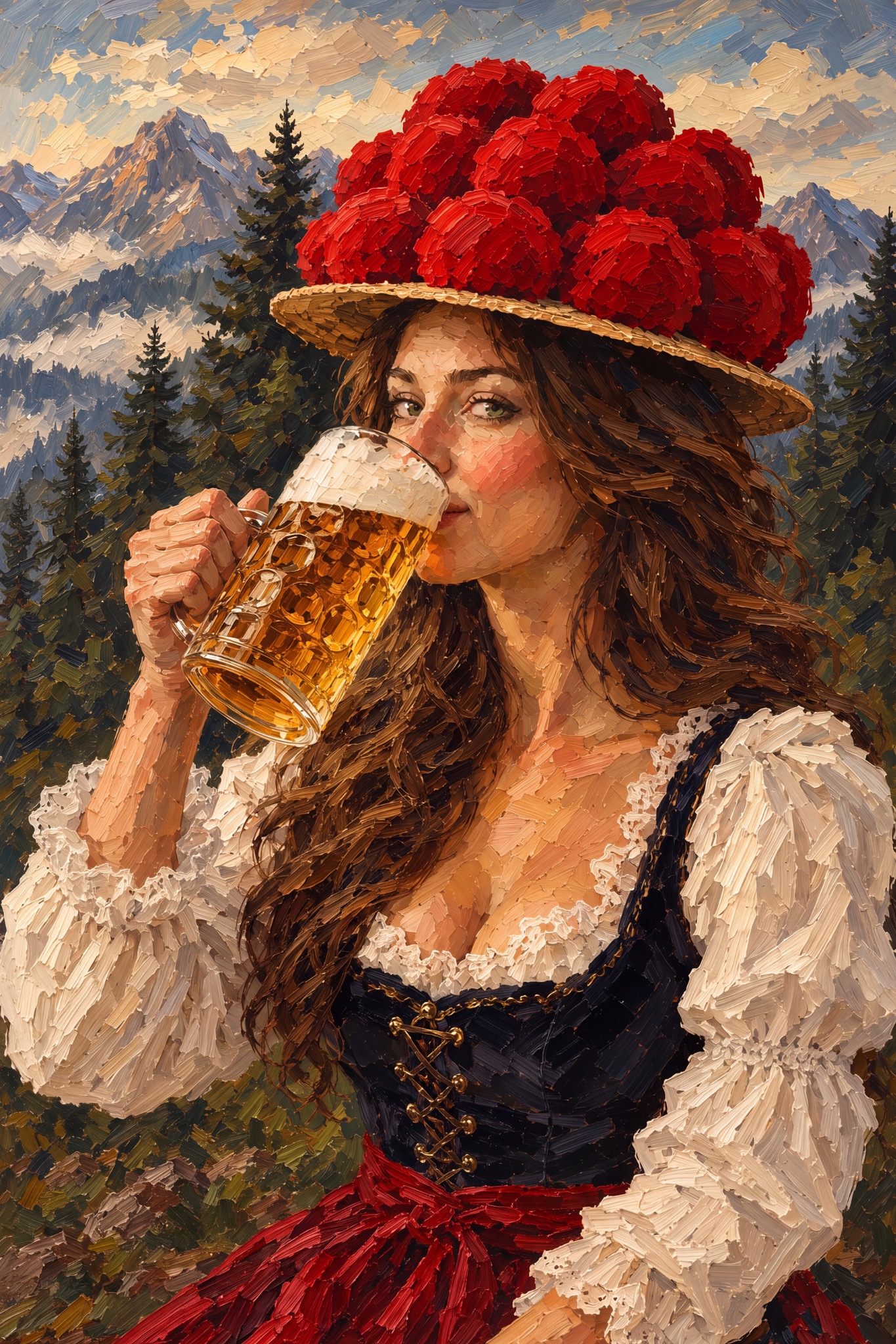 Bollenhut-Frau mit Bier vor Bergen als originaler Fine Art Print