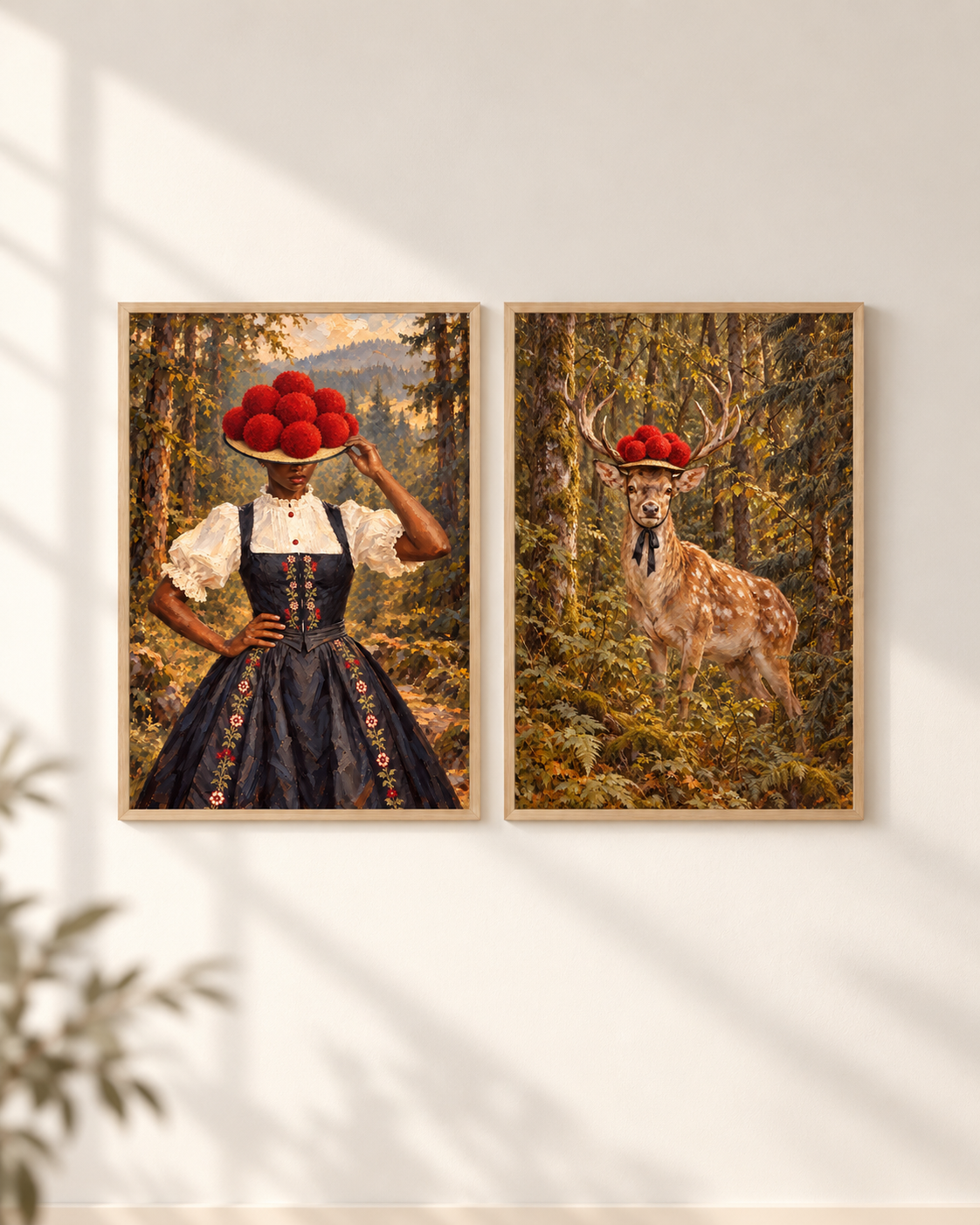 Frau mit Bollenhut & Hirsch – Poster-Paar mit beiden Motiven im hellen Holzrahmen an einer weißen Wand