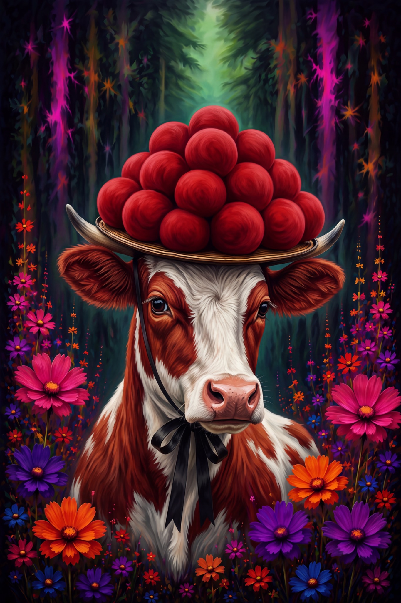 Highland-Rind-Dame mit Bollenhut als originaler Fine Art Print