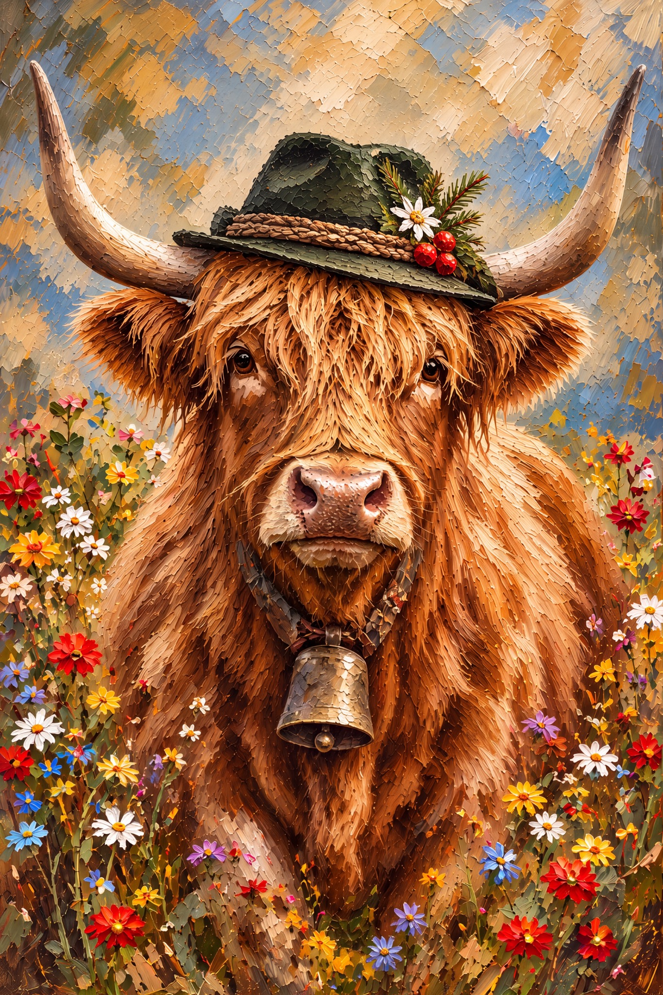 Highland-Rind-Herr mit Trachtenhut & Glocke als originaler Fine Art Print