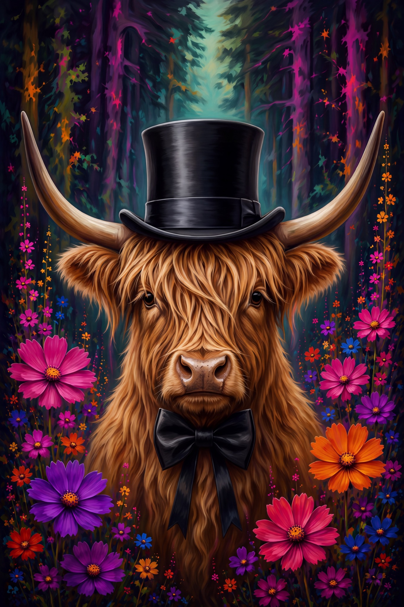 Highland-Rind-Herr mit Zylinder als originaler Fine Art Print