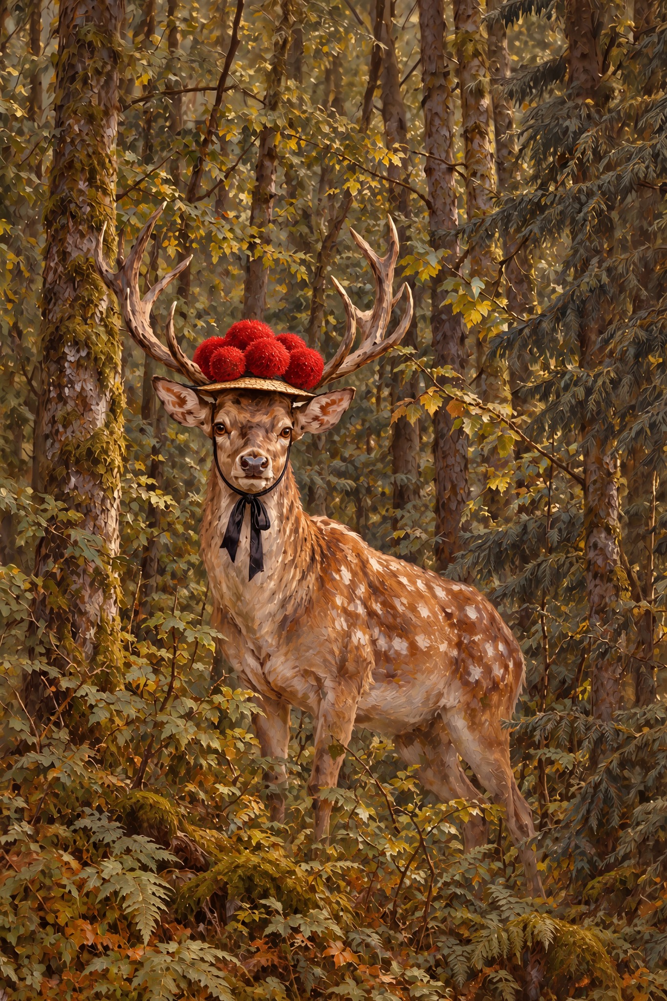 Hirsch mit Bollenhut am Waldrand als originaler Fine Art Print