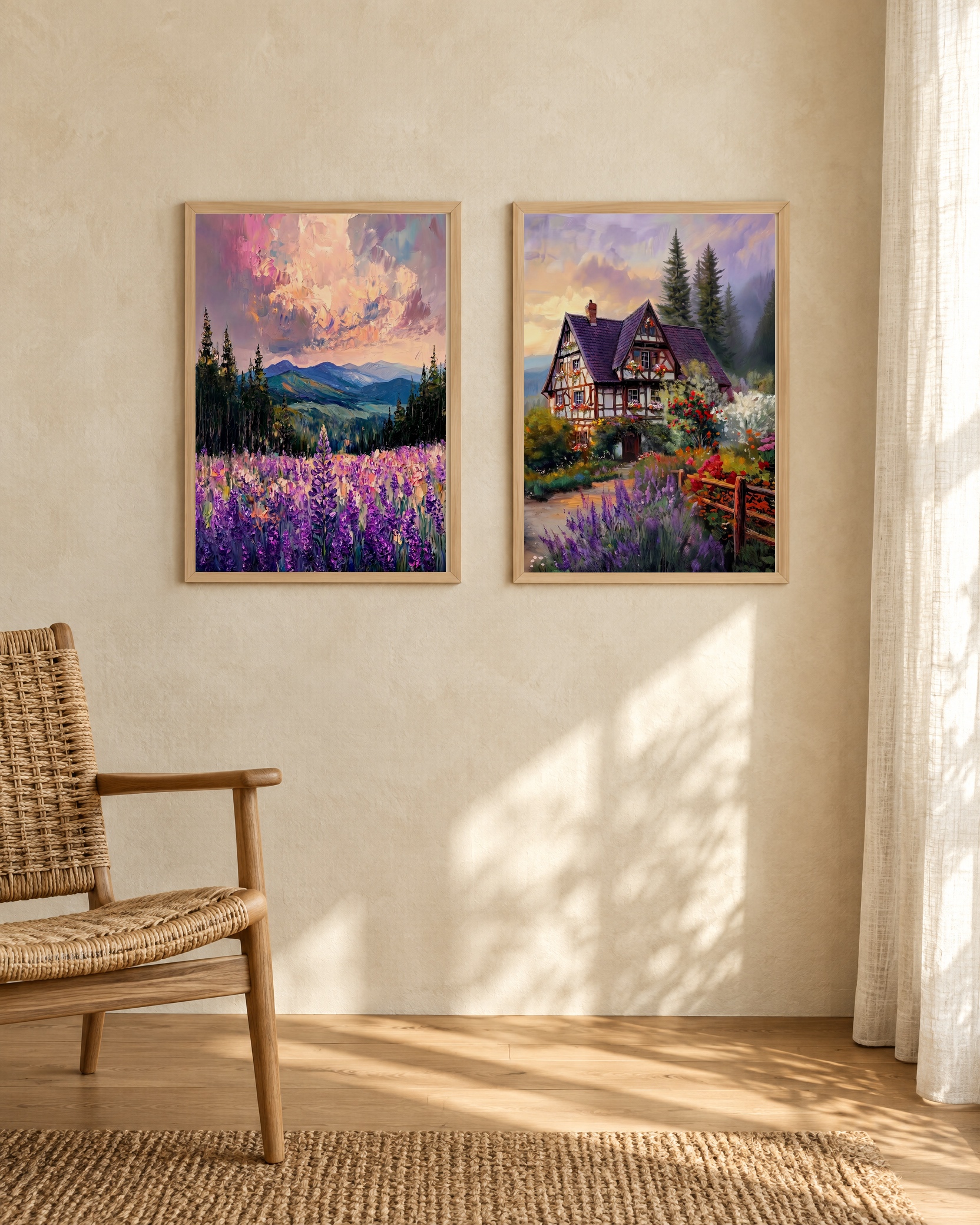 Lavendel & Schwarzwaldhaus – Poster-Paar mit beiden Motiven im hellen Holzrahmen an einer weißen Wand