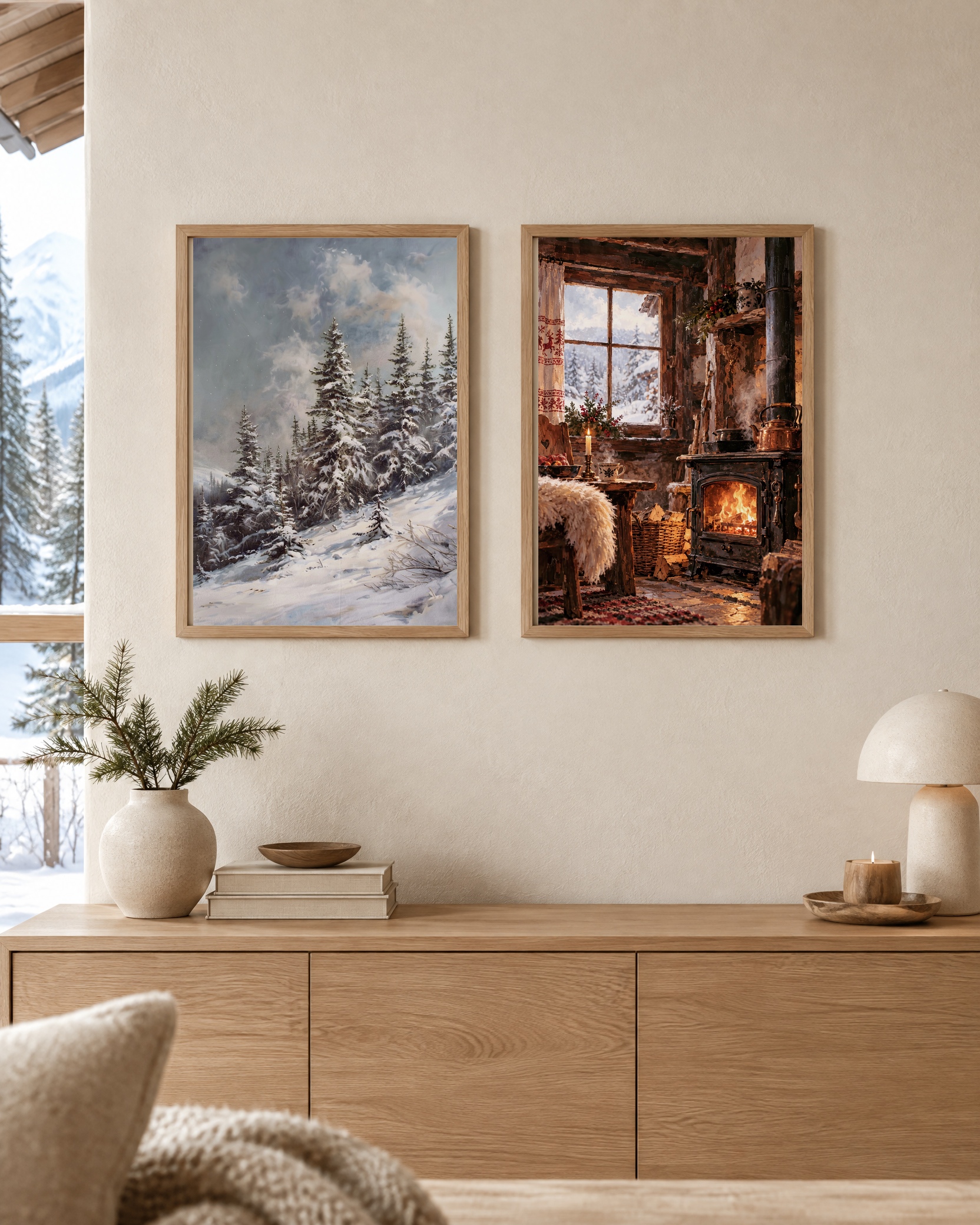 Schneekiefern & Winterstube – Poster-Paar mit beiden Motiven im hellen Holzrahmen an einer weißen Wand