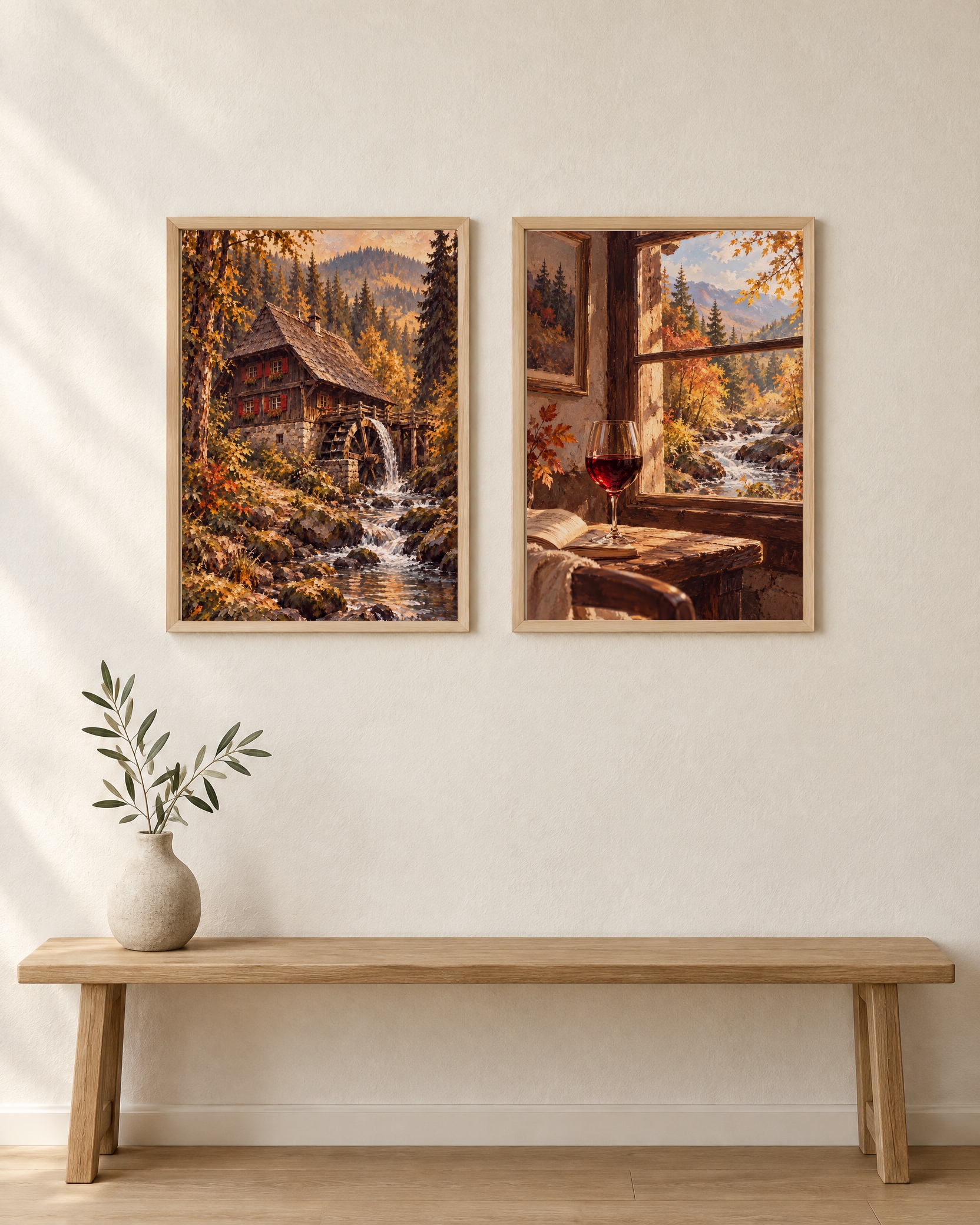 Wassermühle & Herbstfenster – Poster-Paar mit beiden Motiven im hellen Holzrahmen an einer weißen Wand