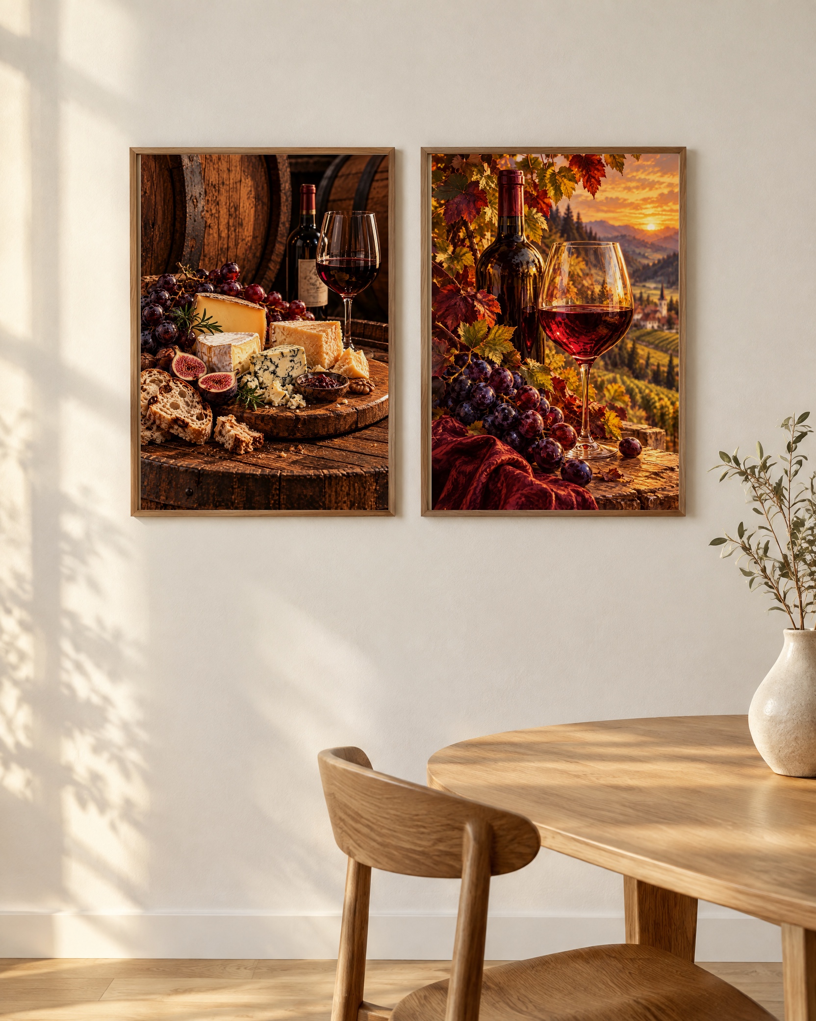 Wein & Weinberg – Poster-Paar mit beiden Motiven im hellen Holzrahmen an einer weißen Wand