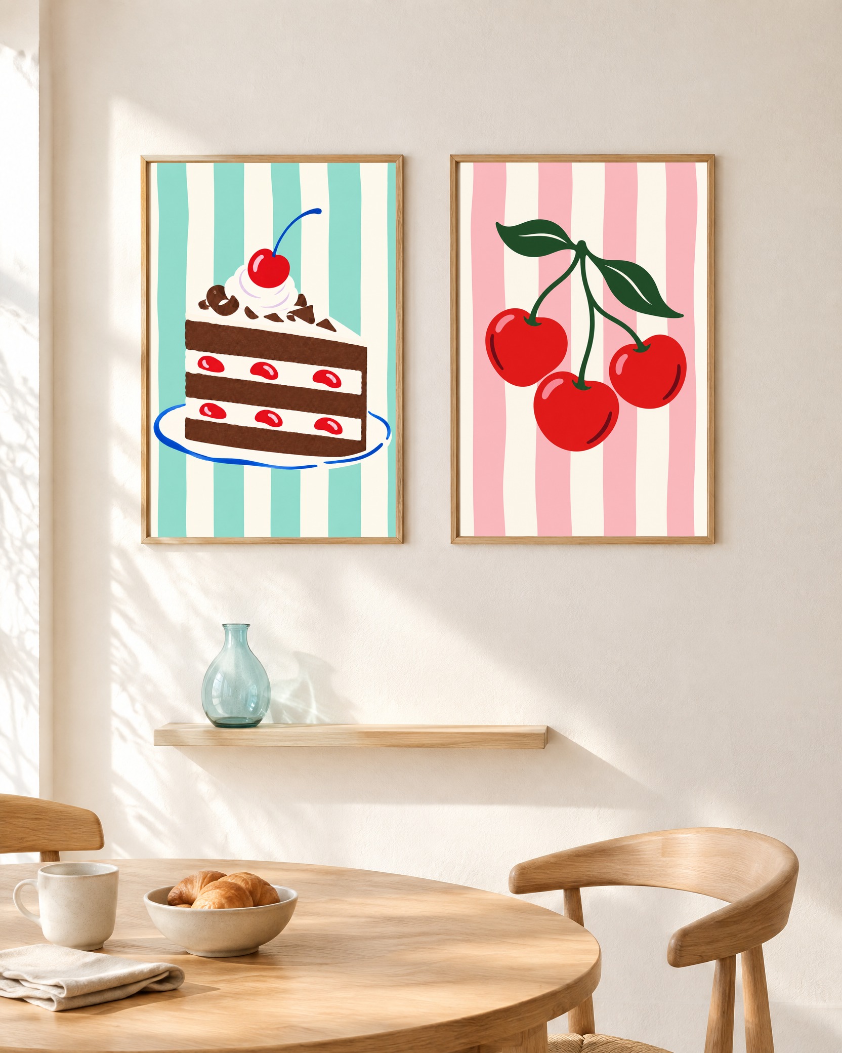Kirschtorte & Kirschen – Poster-Paar mit beiden Motiven im hellen Holzrahmen an einer weißen Wand