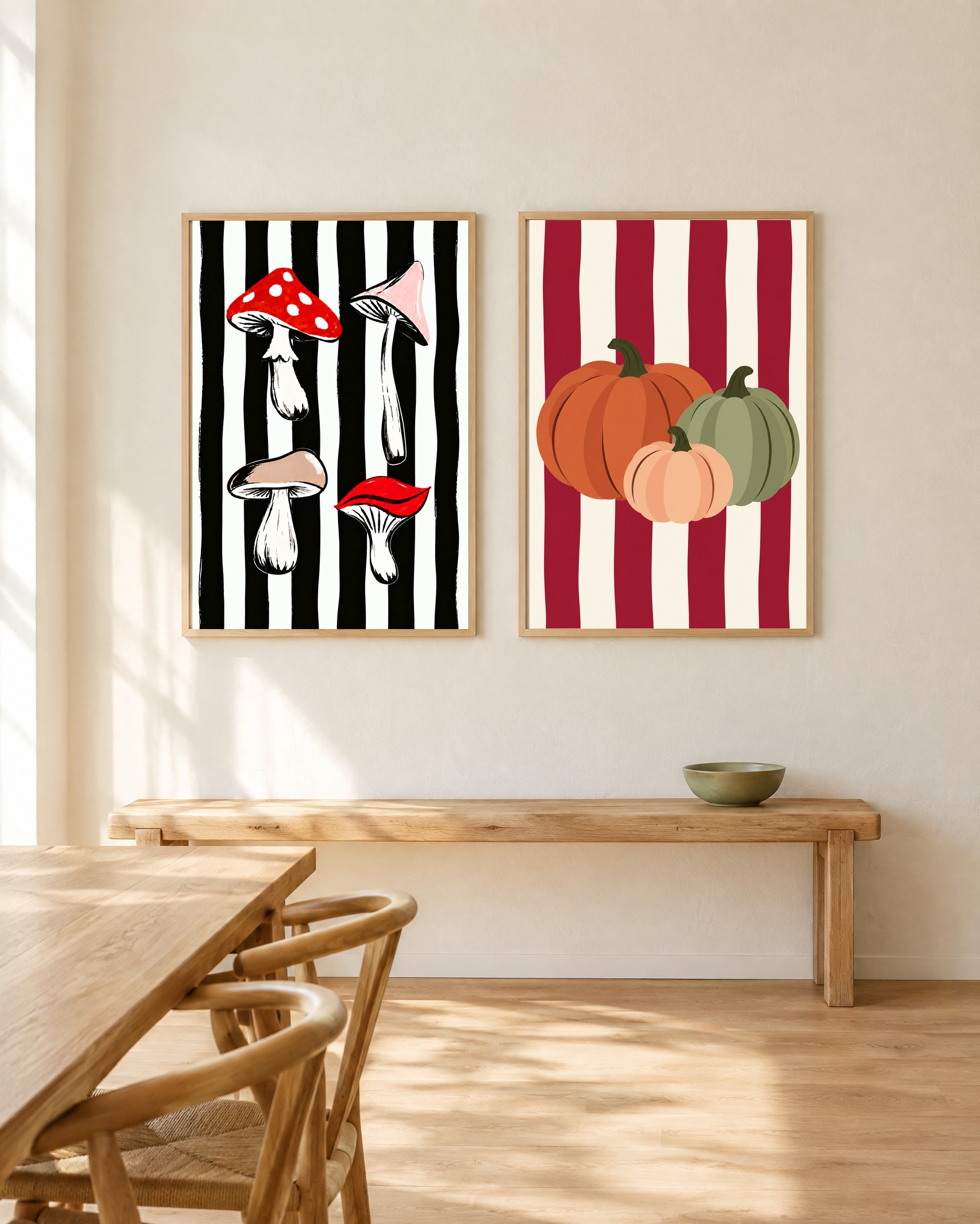Pilze & Kürbisse – Poster-Paar mit beiden Motiven im hellen Holzrahmen an einer weißen Wand