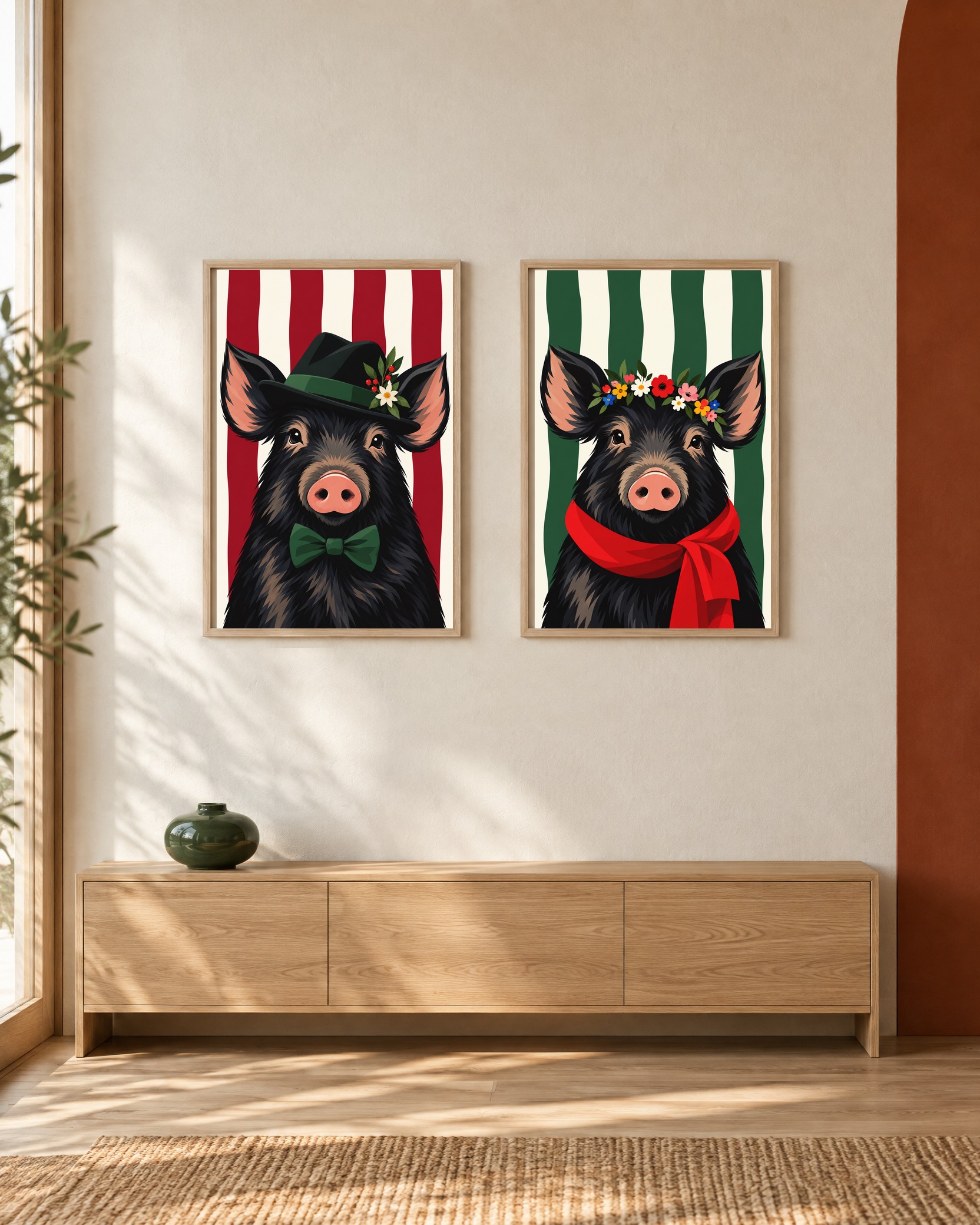 Wildschwein & Waldblumen – Poster-Paar mit beiden Motiven im hellen Holzrahmen an einer weißen Wand