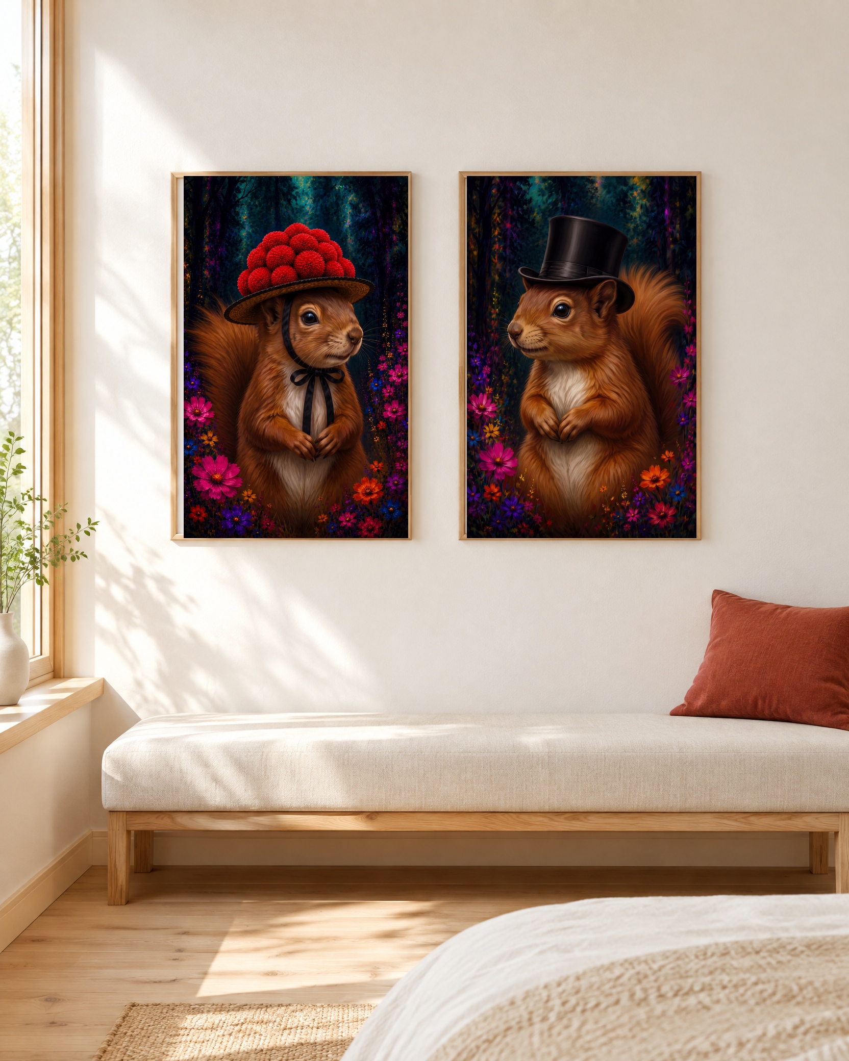 Eichhörnchen – Poster-Paar mit beiden Motiven im hellen Holzrahmen an einer weißen Wand