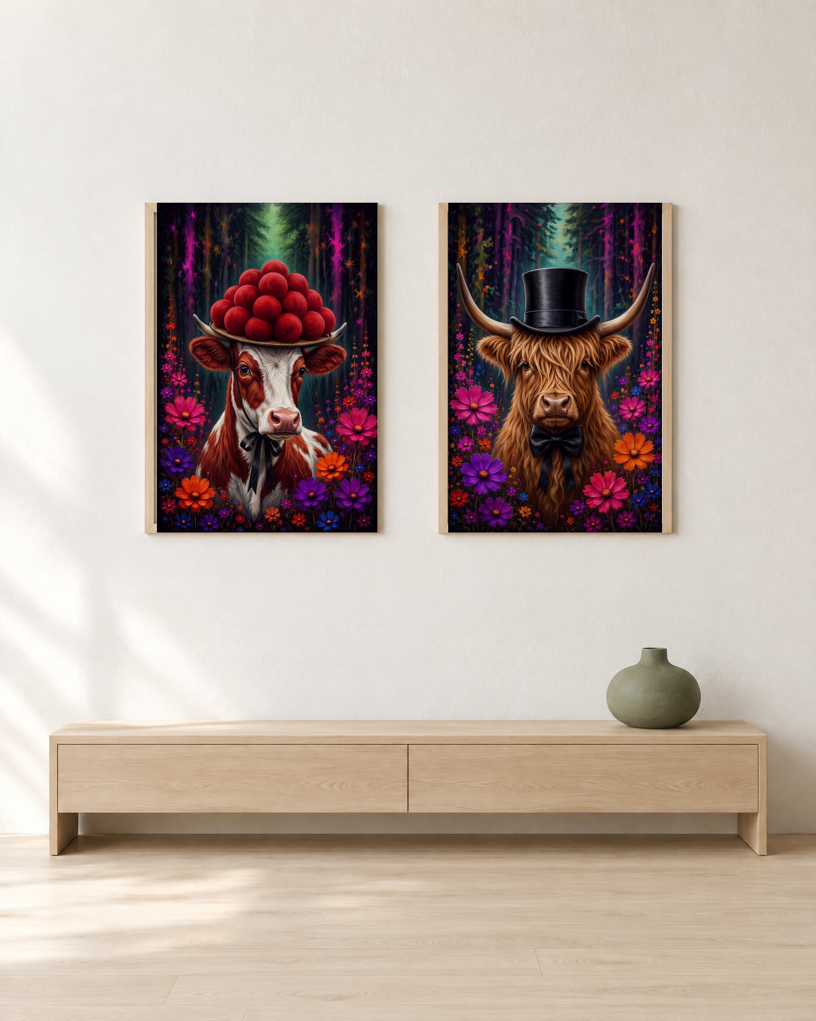 Highland-Rind – Poster-Paar mit beiden Motiven im hellen Holzrahmen an einer weißen Wand