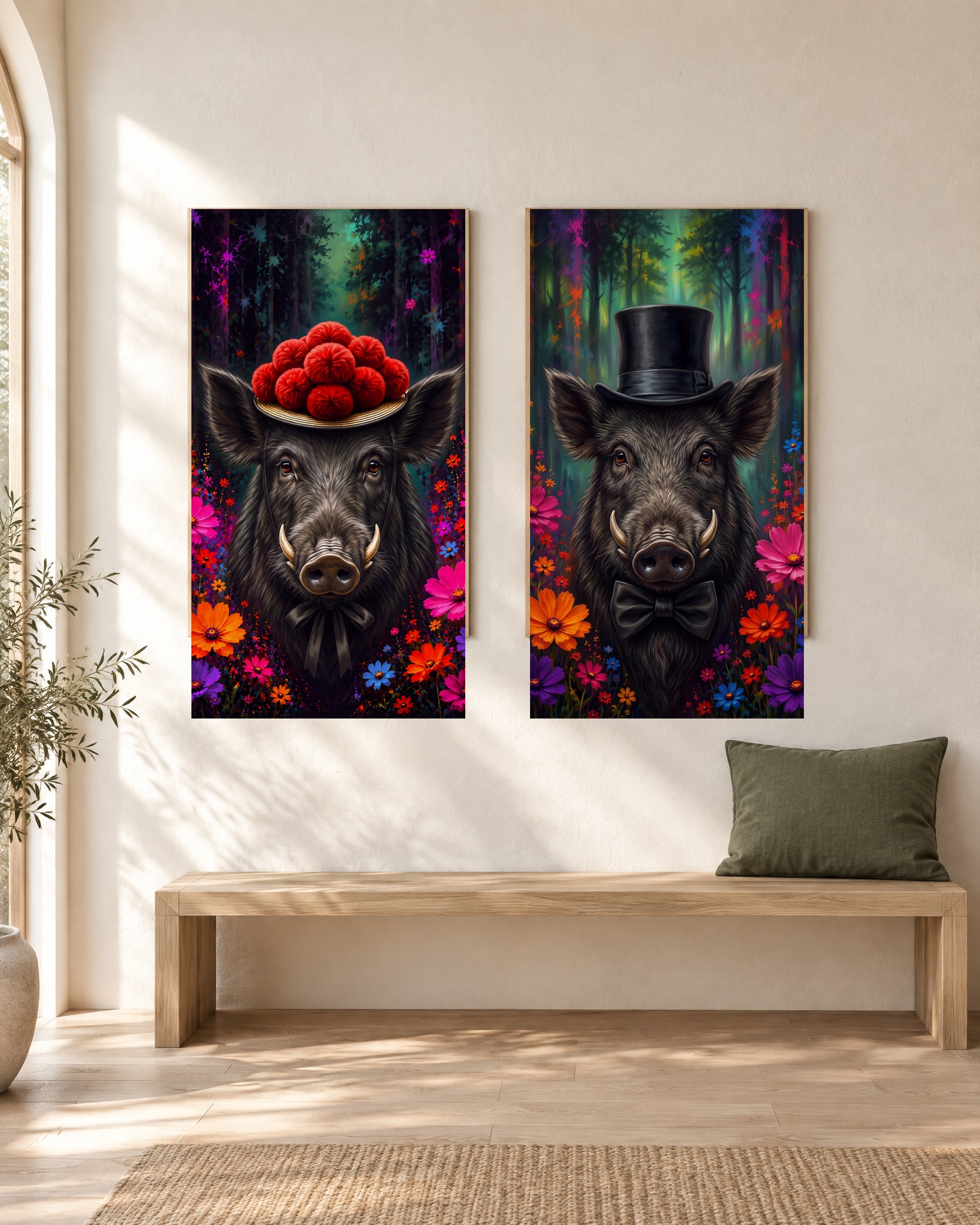 Wildschwein – Poster-Paar mit beiden Motiven im hellen Holzrahmen an einer weißen Wand