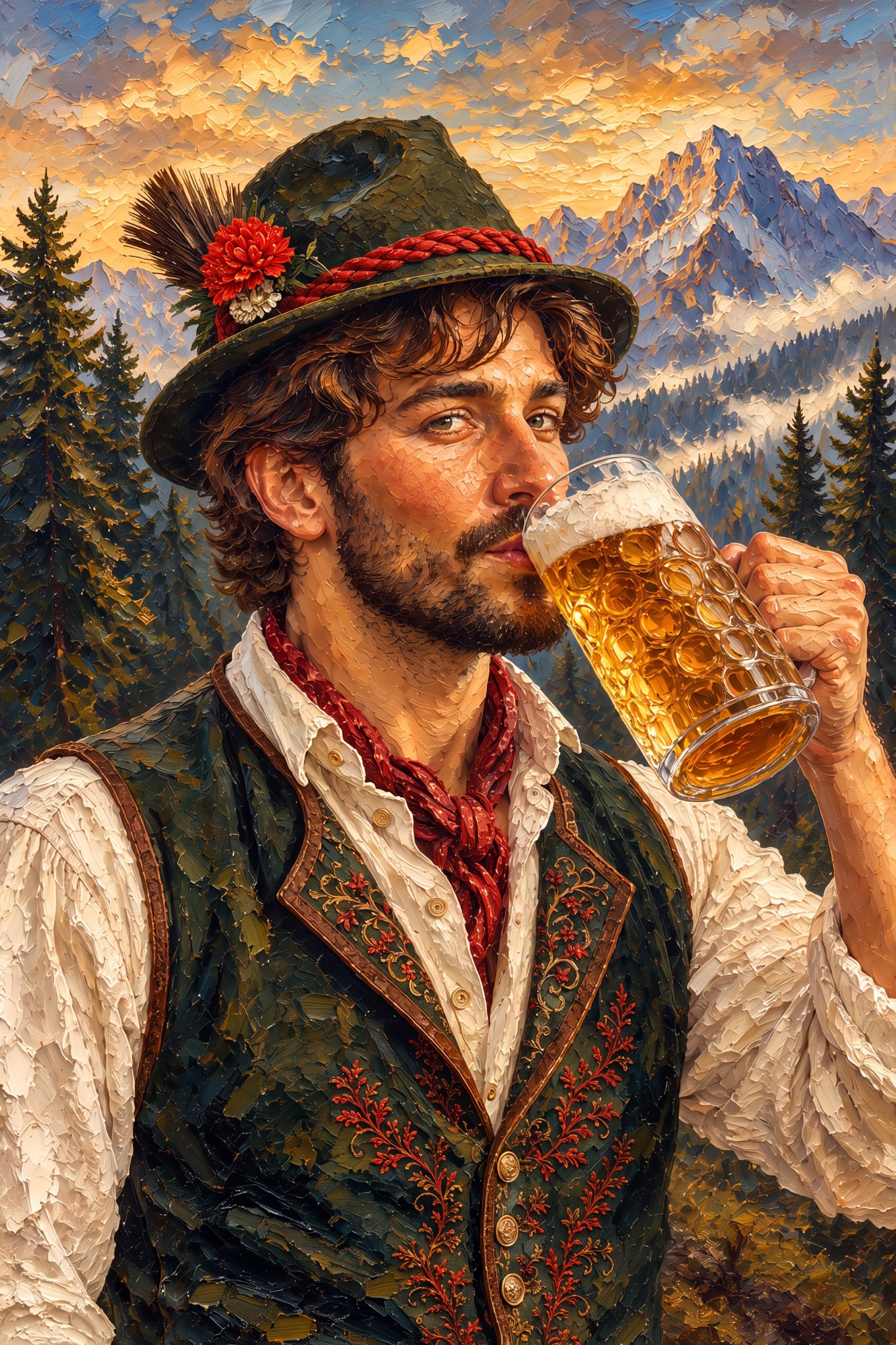 Trachtenmann mit Bier vor Bergen als originaler Fine Art Print