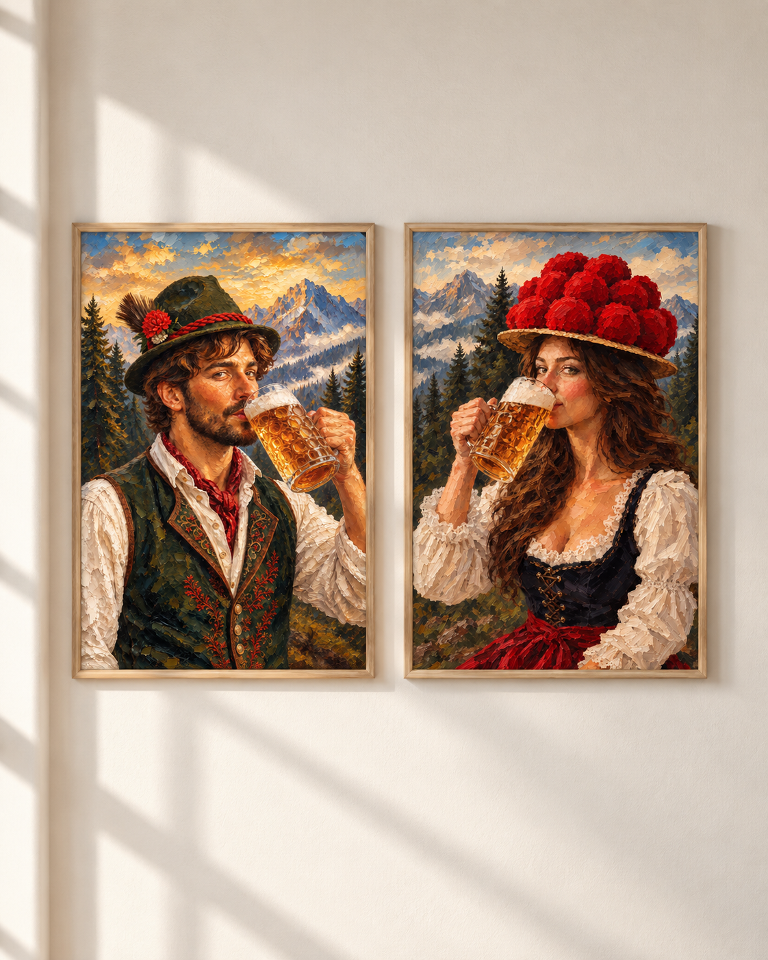 Trachtenpaar mit Bier & Bergen – Poster-Paar mit beiden Motiven im hellen Holzrahmen an einer weißen Wand