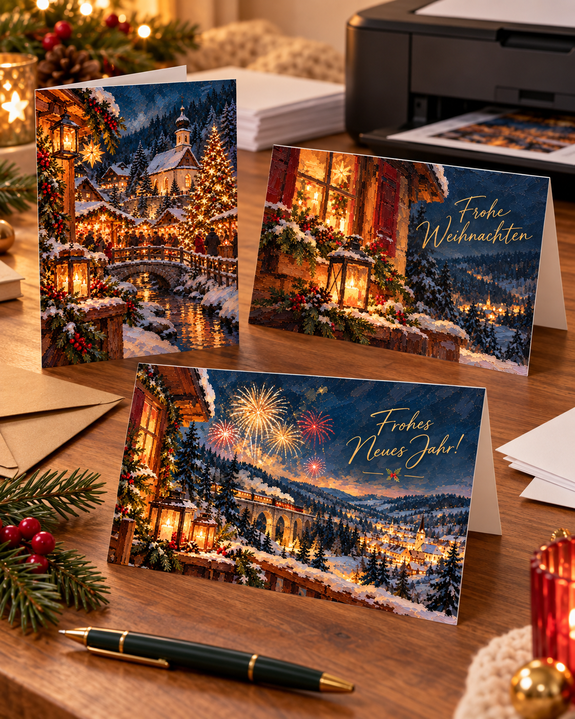 Drei Schwarzwald Weihnachtskarten auf einem festlichen Schreibtisch zum Ausdrucken