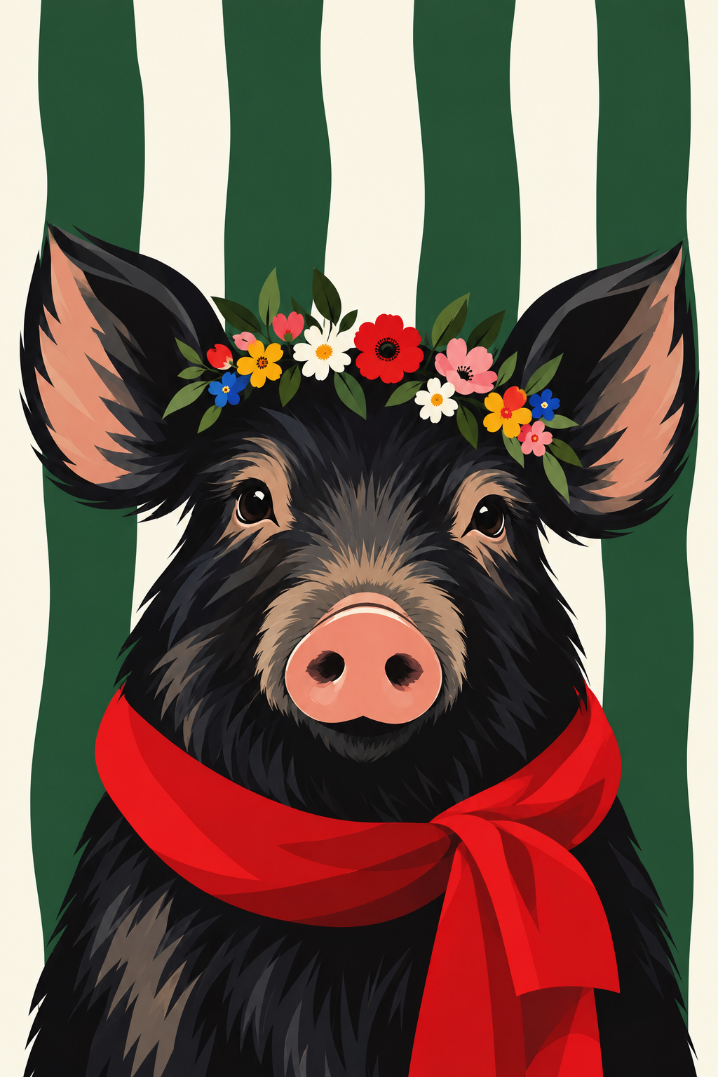 Wildschwein mit Blumenkranz als originaler Fine Art Print