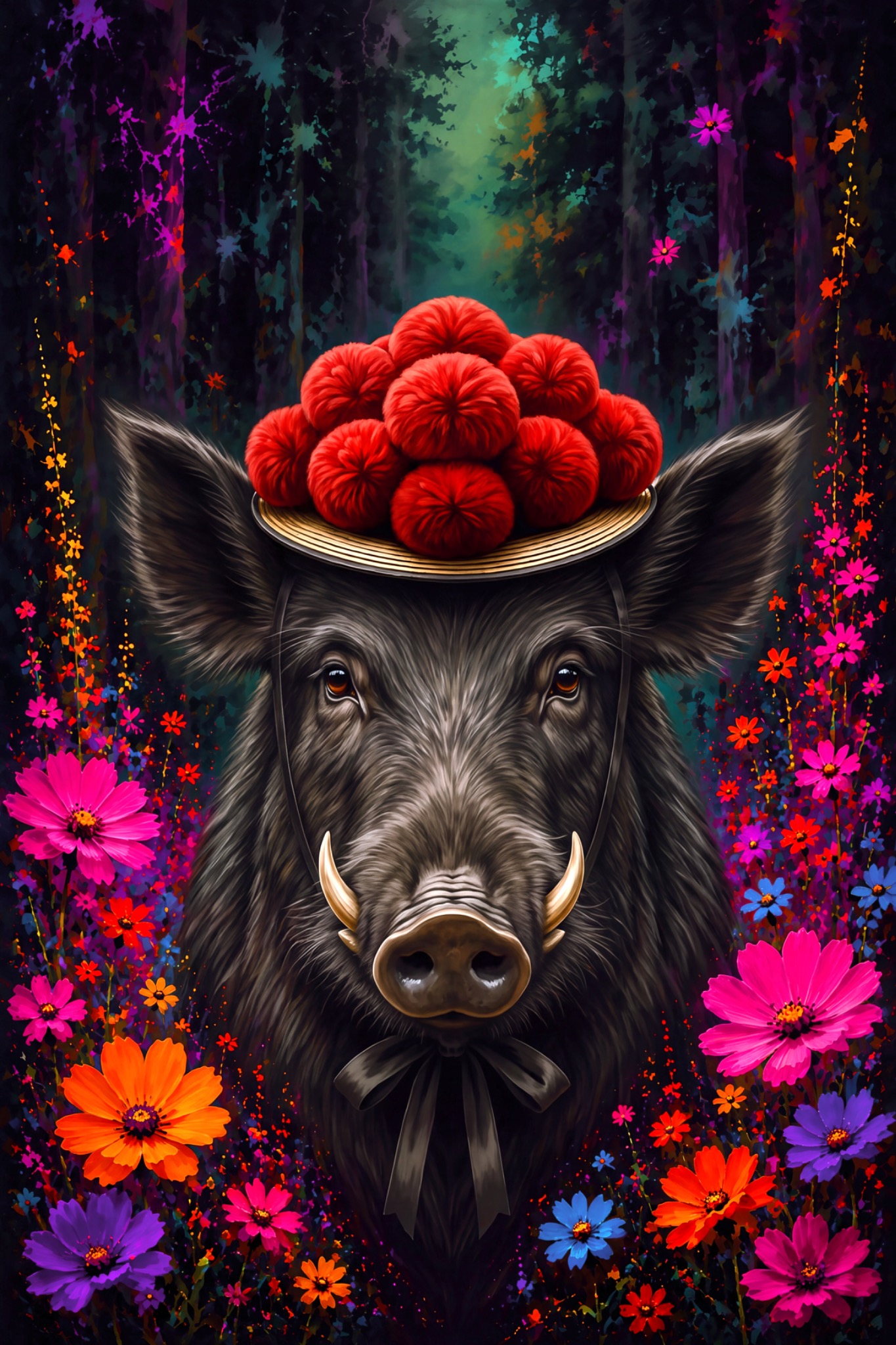 Wildschwein-Dame mit Bollenhut als originaler Fine Art Print