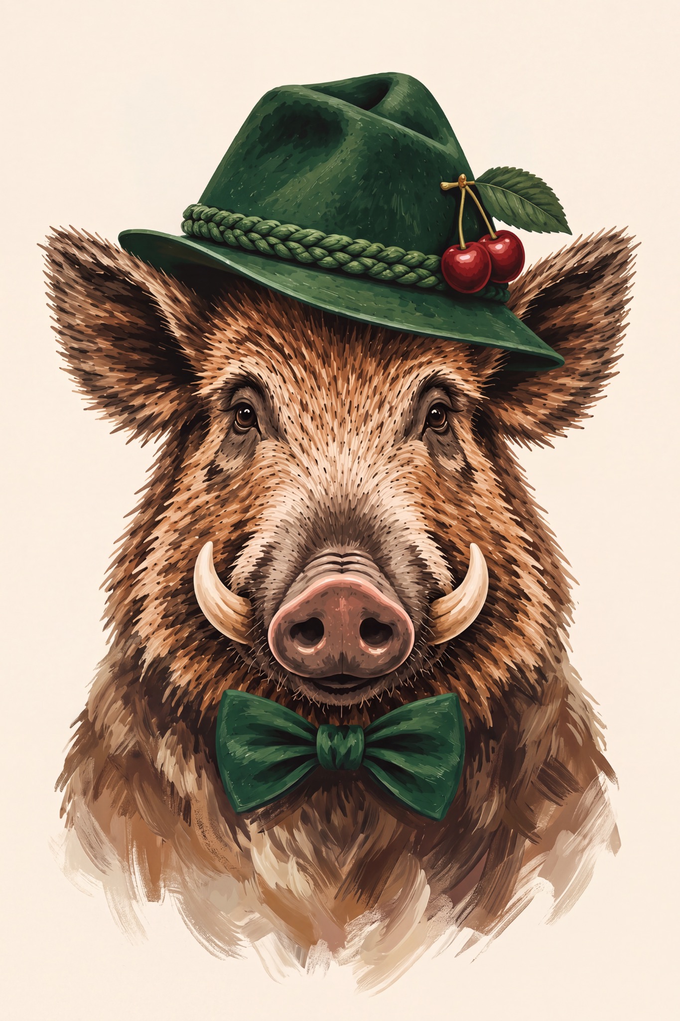 Wildschwein-Mann mit Trachtenhut & Kirschen als originaler Fine Art Print
