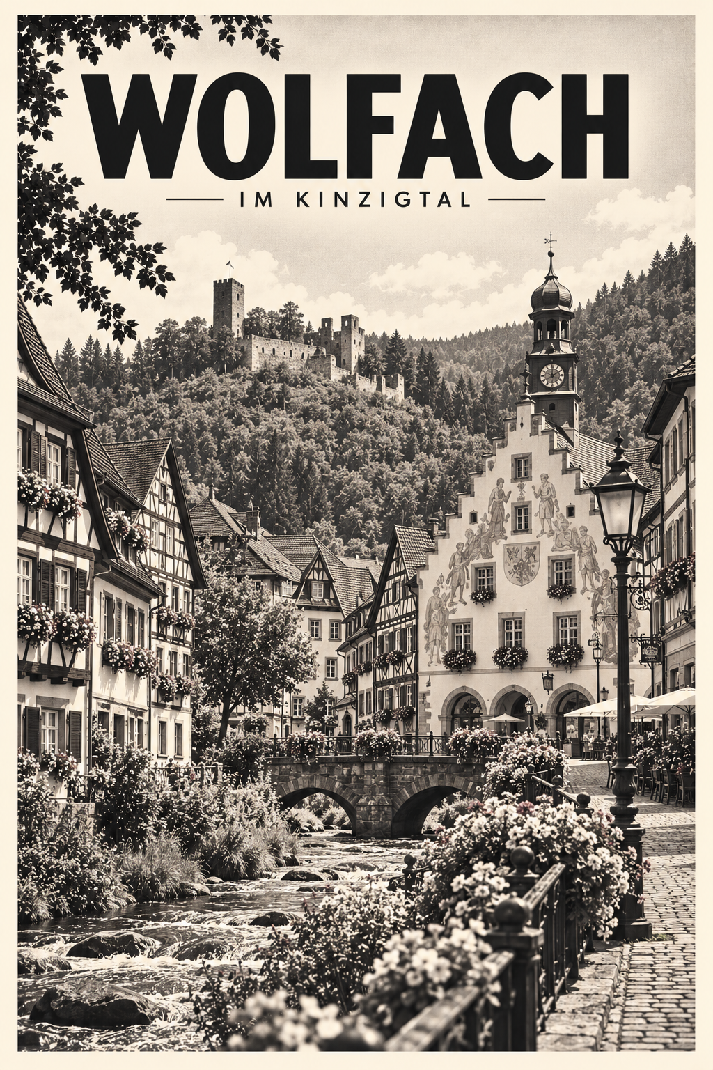 Wolfach im Kinzigtal als monochromer Fine Art Print aus der Serie Schwarzwald Orte
